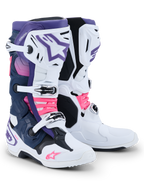 Buty Alpinestars Tech 10, buty motocrossowe, białe, fioletowe, granatowe i różowe fluo, wyposażone w system trzech klamer, granatowe i fioletowe panele oraz jaskraworóżowe akcenty na paskach i logo, profesjonalne obuwie do wyścigów terenowych.