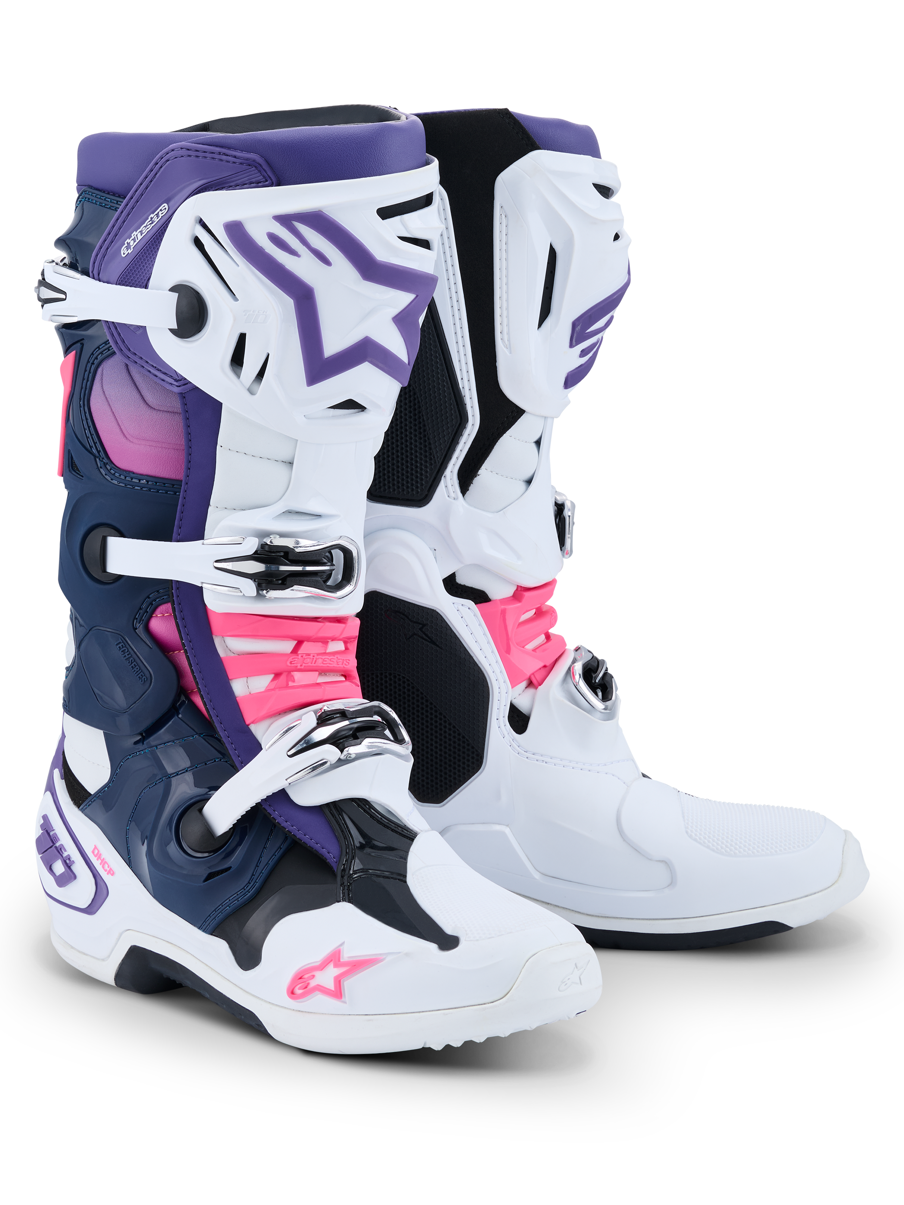 Buty Alpinestars Tech 10, buty motocrossowe, białe, fioletowe, granatowe i różowe fluo, wyposażone w system trzech klamer, granatowe i fioletowe panele oraz jaskraworóżowe akcenty na paskach i logo, profesjonalne obuwie do wyścigów terenowych.