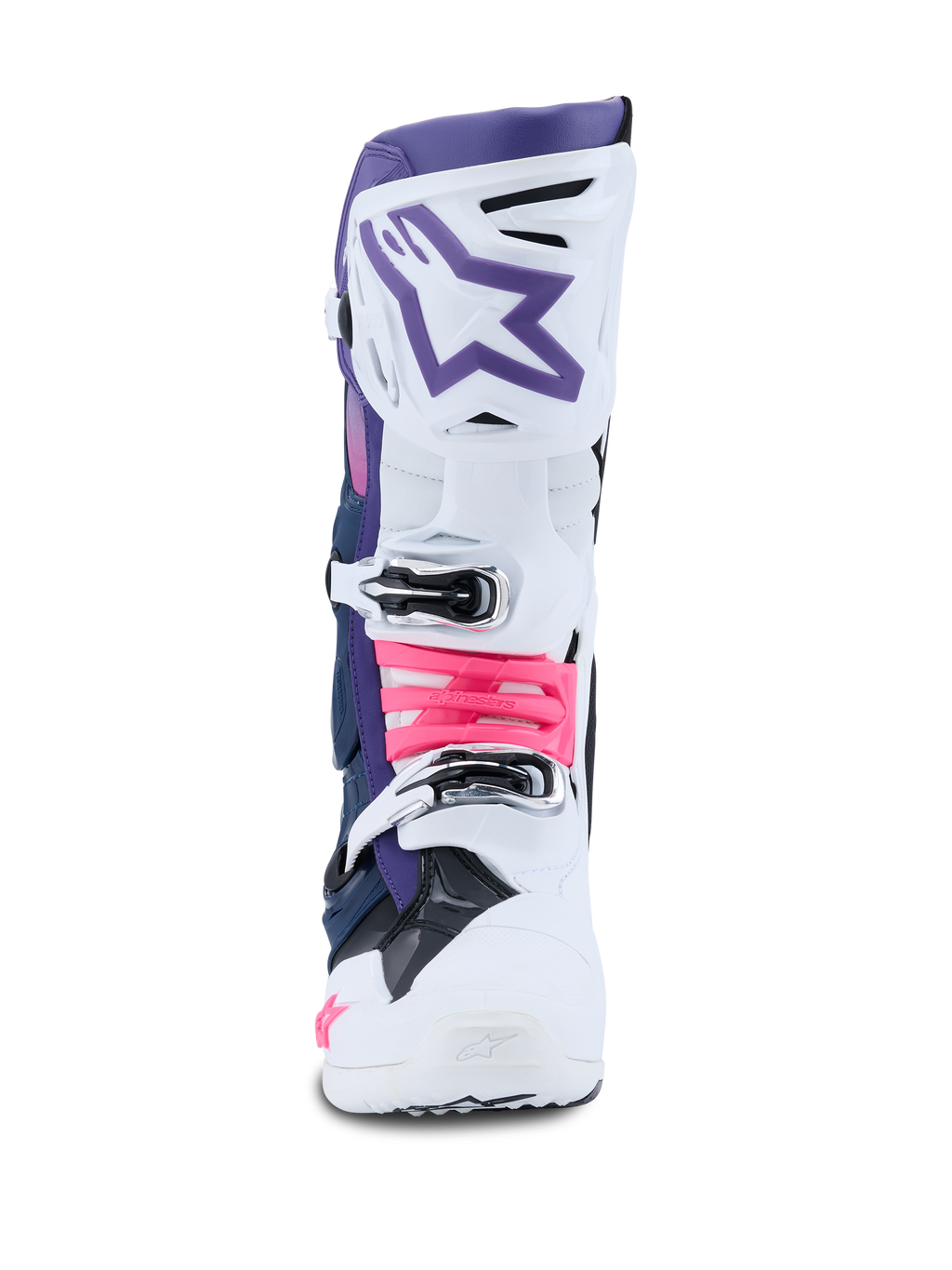 Buty Alpinestars Tech 10, buty motocrossowe, białe, fioletowe, granatowe i różowe fluo, widok z przodu, biała osłona ochronna z fioletową górną częścią, fioletowe logo z gwiazdą, jaskraworóżowe akcenty przy klamrach, profesjonalne obuwie terenowe