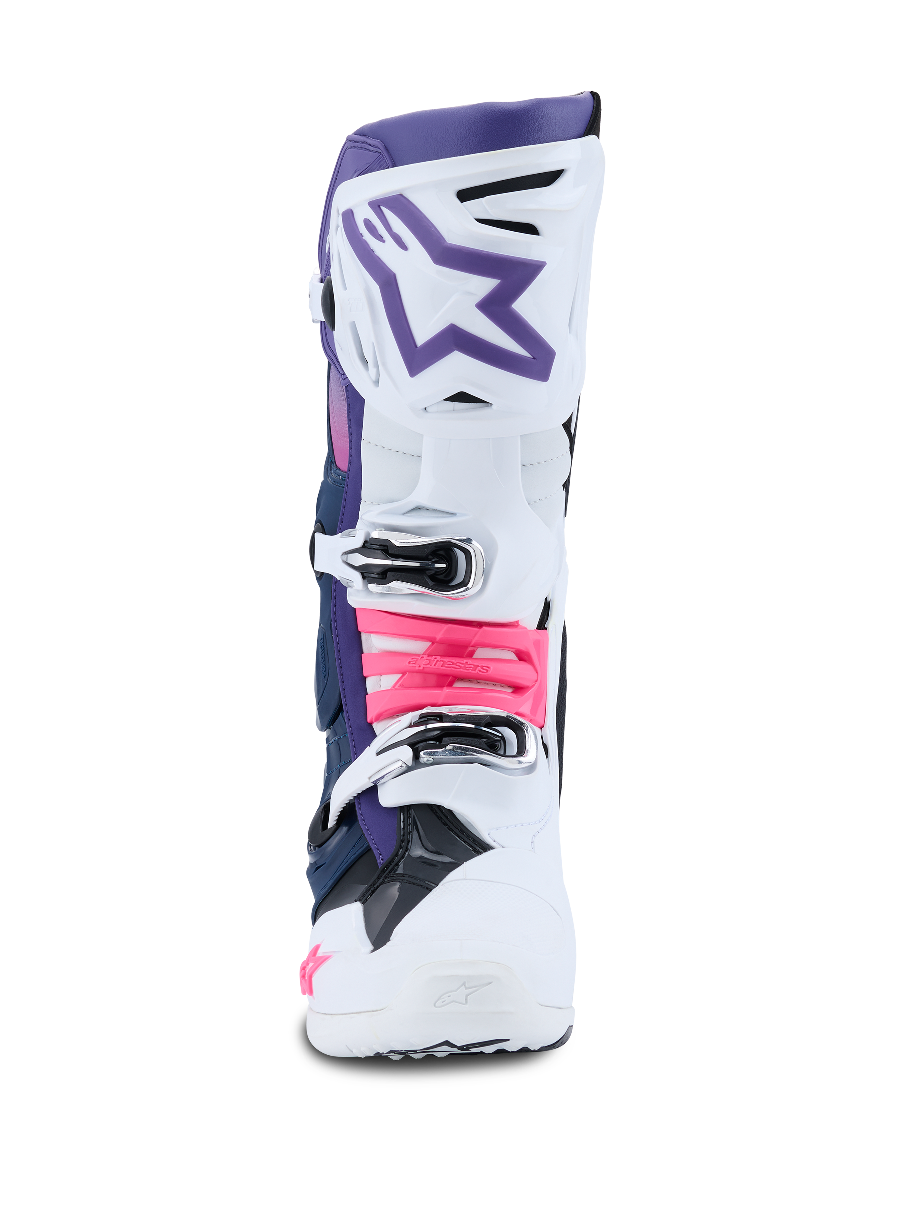 Buty Alpinestars Tech 10, buty motocrossowe, białe, fioletowe, granatowe i różowe fluo, widok z przodu, biała osłona ochronna z fioletową górną częścią, fioletowe logo z gwiazdą, jaskraworóżowe akcenty przy klamrach, profesjonalne obuwie terenowe
