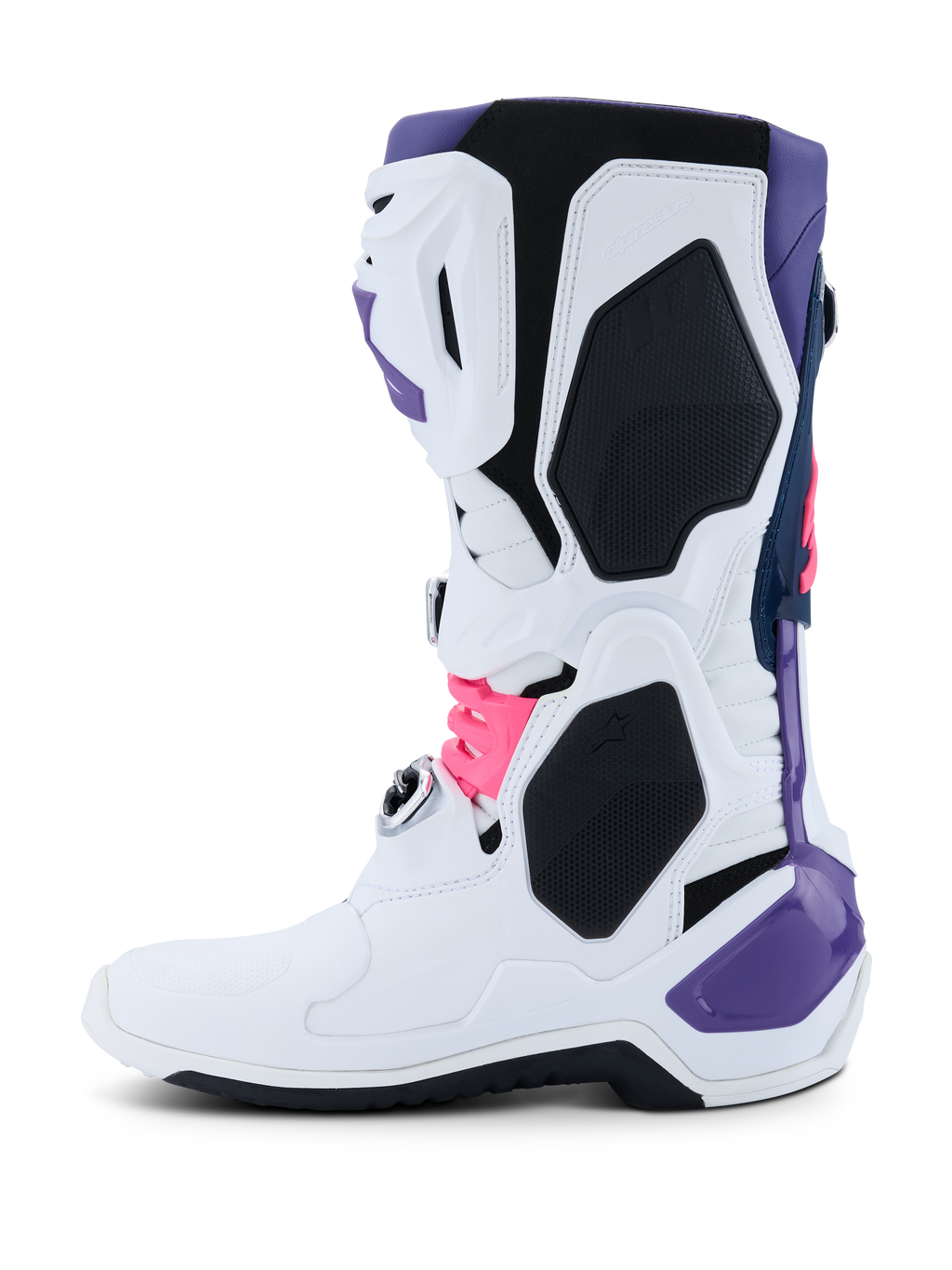 Buty Alpinestars Tech 10, buty motocrossowe, białe z fioletowymi, granatowymi i neonowo-różowymi akcentami, profil boczny z białą konstrukcją, ochronnymi panelami TPU i smukłym designem do jazdy terenowej