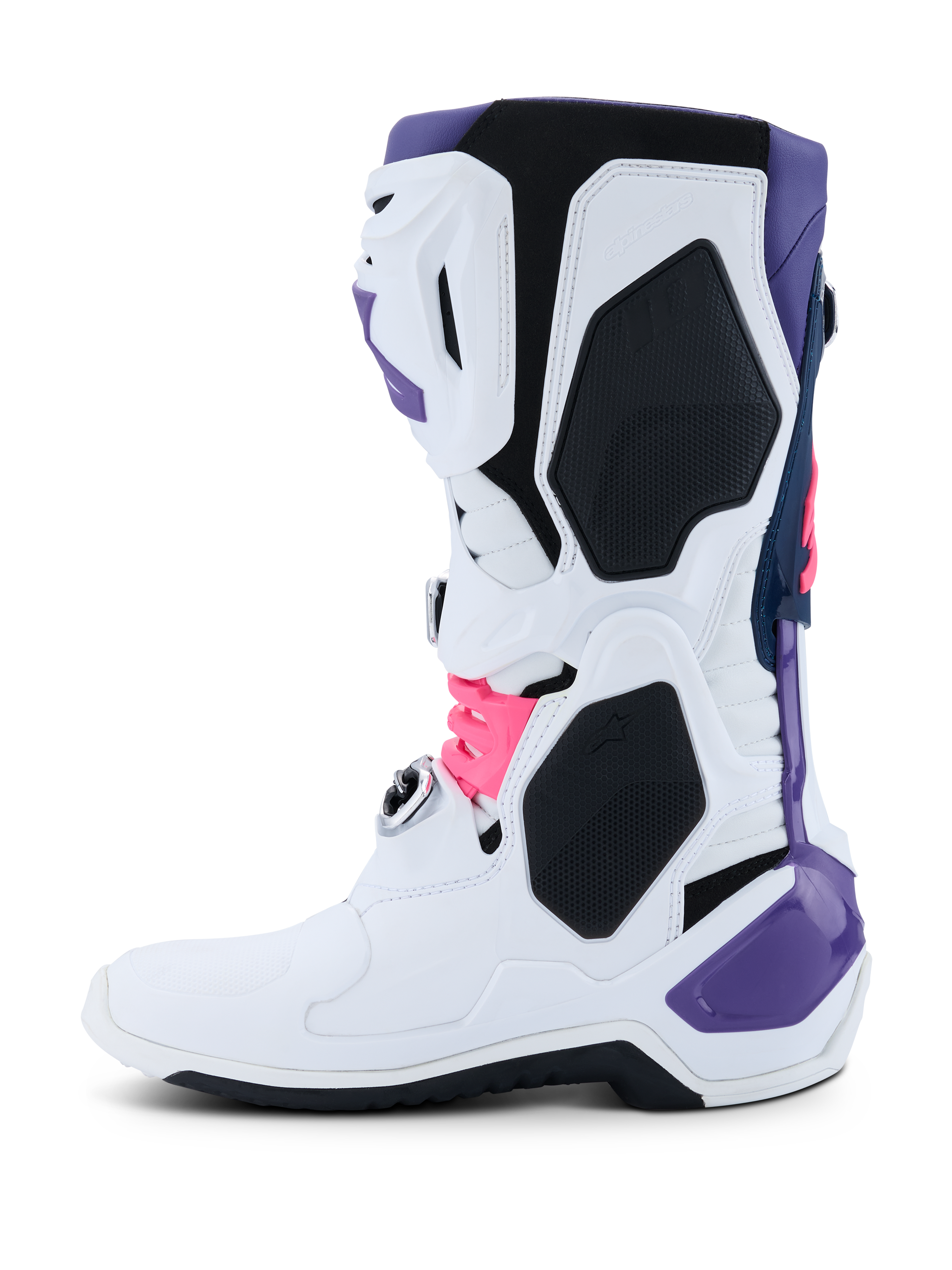 Buty Alpinestars Tech 10, buty motocrossowe, białe z fioletowymi, granatowymi i neonowo-różowymi akcentami, profil boczny z białą konstrukcją, ochronnymi panelami TPU i smukłym designem do jazdy terenowej