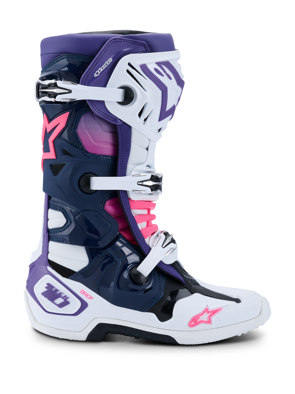 Buty Alpinestars Tech 10, buty motocrossowe, białe, fioletowe, granatowe i różowe fluo, widok z boku z potrójnym zapięciem na klamry, ochronną ramą TPU, logo gwiazdy Alpinestars i oznaczeniami DHCP, wysokowydajne obuwie do wyścigów terenowych