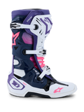 Buty Alpinestars Tech 10, buty motocrossowe, białe, fioletowe, granatowe i różowe fluo, widok z boku z potrójnym zapięciem na klamry, ochronną ramą TPU, logo gwiazdy Alpinestars i oznaczeniami DHCP, wysokowydajne obuwie do wyścigów terenowych