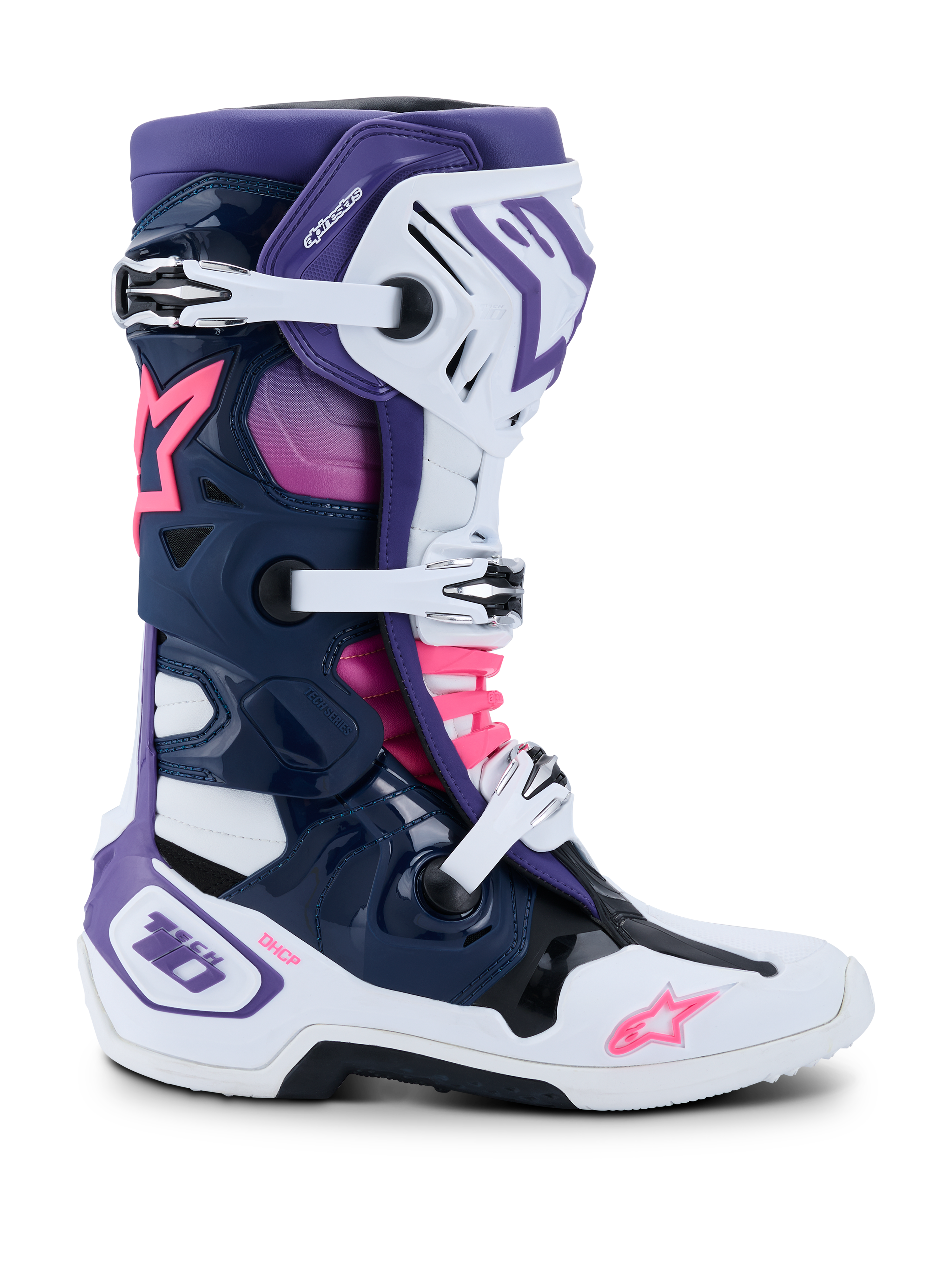 Buty Alpinestars Tech 10, buty motocrossowe, białe, fioletowe, granatowe i różowe fluo, widok z boku z potrójnym zapięciem na klamry, ochronną ramą TPU, logo gwiazdy Alpinestars i oznaczeniami DHCP, wysokowydajne obuwie do wyścigów terenowych