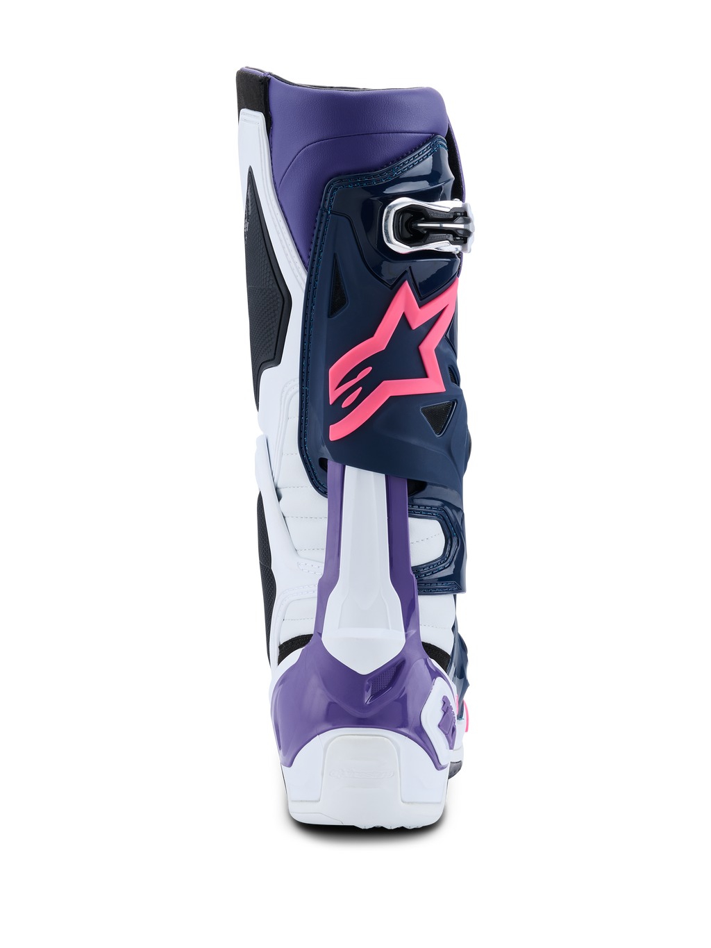 Alpinestars Tech 10 Boots, buty motocrossowe, białe, fioletowe, granatowe i różowe fluo, widok z tyłu z różowym logo gwiazdy Alpinestars, fioletowym ochraniaczem pięty i wysokowydajnymi wielokolorowymi panelami ochronnymi