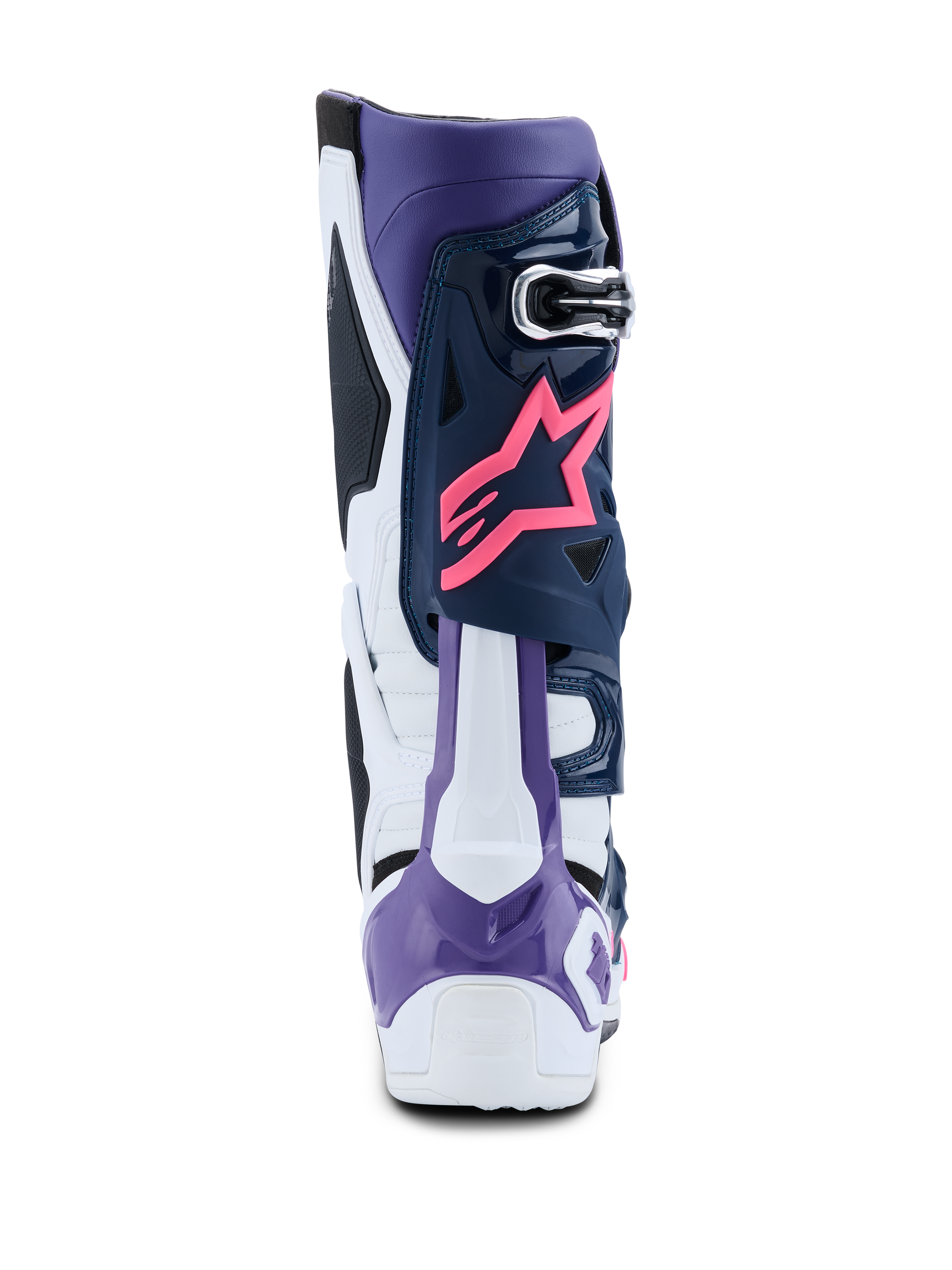 Alpinestars Tech 10 Boots, buty motocrossowe, białe, fioletowe, granatowe i różowe fluo, widok z tyłu z różowym logo gwiazdy Alpinestars, fioletowym ochraniaczem pięty i wysokowydajnymi wielokolorowymi panelami ochronnymi