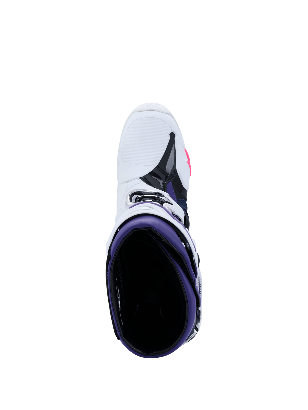 Buty Alpinestars Tech 10, buty motocrossowe, białe, fioletowe, granatowe i neonowy róż, widok z góry na fioletowe wnętrze, biała zewnętrzna część z czarnymi i różowymi akcentami, profesjonalne obuwie do wyścigów terenowych
