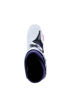 Buty Alpinestars Tech 10, buty motocrossowe, białe, fioletowe, granatowe i neonowy róż, widok z góry na fioletowe wnętrze, biała zewnętrzna część z czarnymi i różowymi akcentami, profesjonalne obuwie do wyścigów terenowych