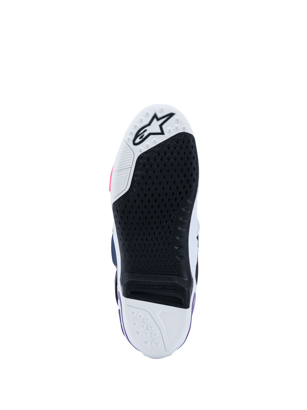 Buty Alpinestars Tech 10, widok podeszwy, biały, fioletowy, granatowy i różowy fluo, czarny gumowy bieżnik o wysokiej przyczepności z wymienną wkładką centralną, biały przód i pięta z logo gwiazdy, profesjonalne obuwie motocrossowe