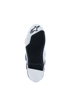 Buty Alpinestars Tech 10, widok podeszwy, biały, fioletowy, granatowy i różowy fluo, czarny gumowy bieżnik o wysokiej przyczepności z wymienną wkładką centralną, biały przód i pięta z logo gwiazdy, profesjonalne obuwie motocrossowe