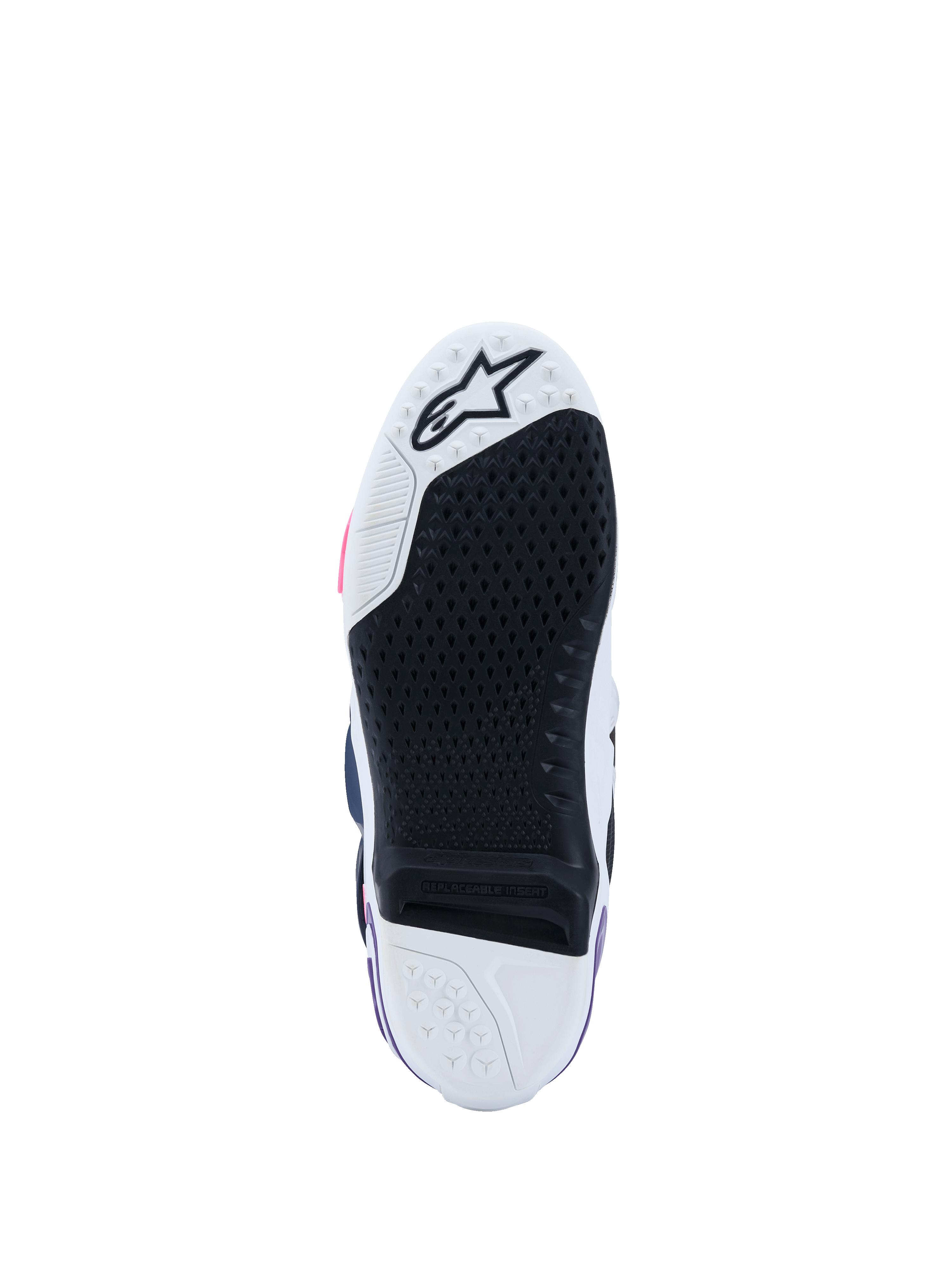 Buty Alpinestars Tech 10, widok podeszwy, biały, fioletowy, granatowy i różowy fluo, czarny gumowy bieżnik o wysokiej przyczepności z wymienną wkładką centralną, biały przód i pięta z logo gwiazdy, profesjonalne obuwie motocrossowe