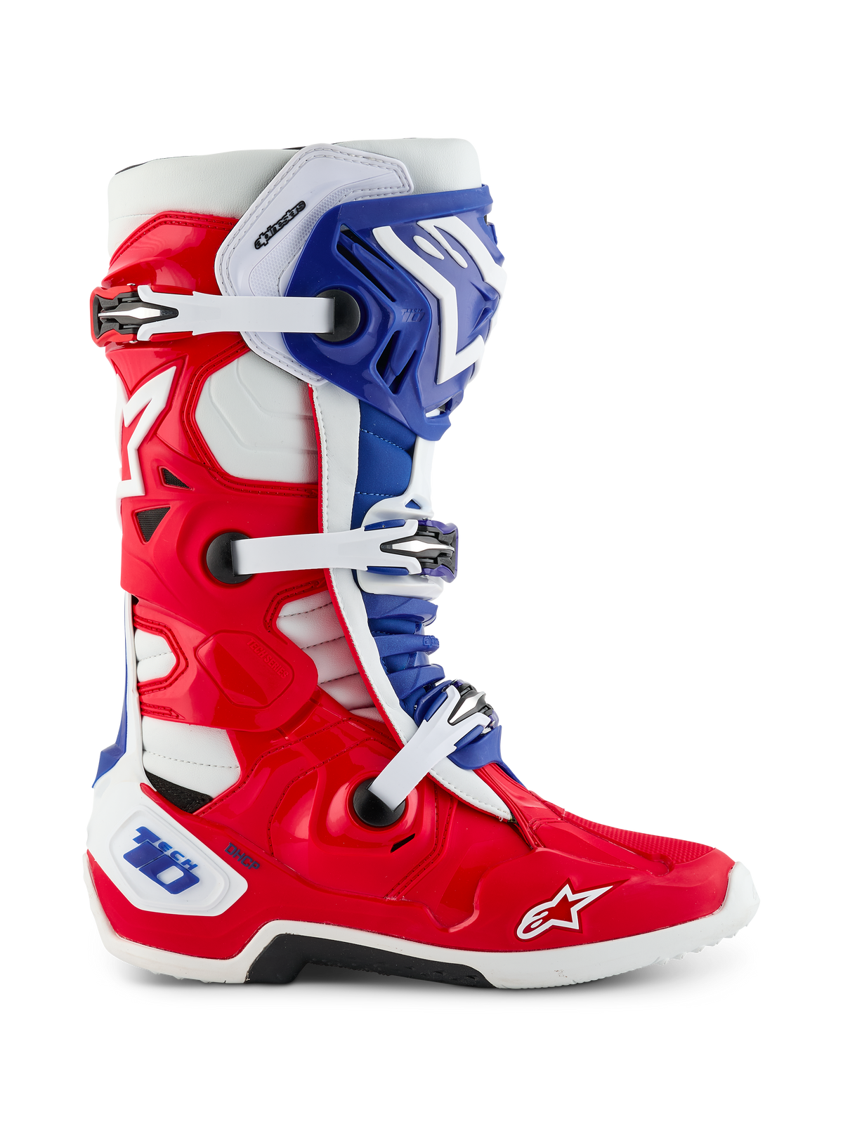 Alpinestars Limited Edition Fortitude Tech 10 Boot, buty motocrossowe, biało-czerwono-niebieski patriotyczny design, widok z boku prezentujący potrójne zapięcie na klamry, ochronną skorupę TPU i logo Alpinestars na czubku, wyczynowe obuwie off-road