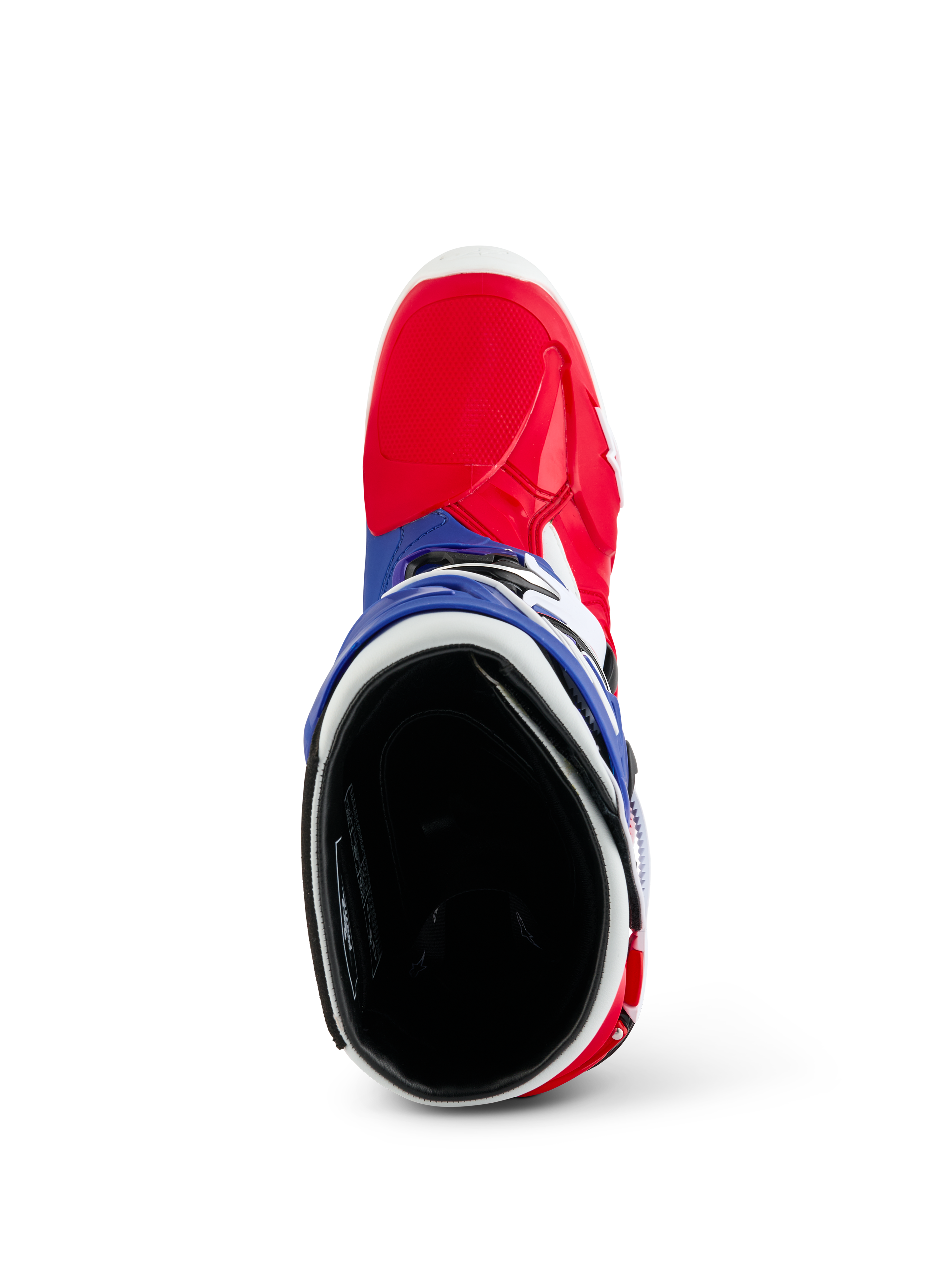 Alpinestars Limited Edition Fortitude Tech 10 Boot, Motocross Boot, Bright Red White and Blue, top-down view showing the red toe area and blue collar with black padded interior, durable off-road racing gear