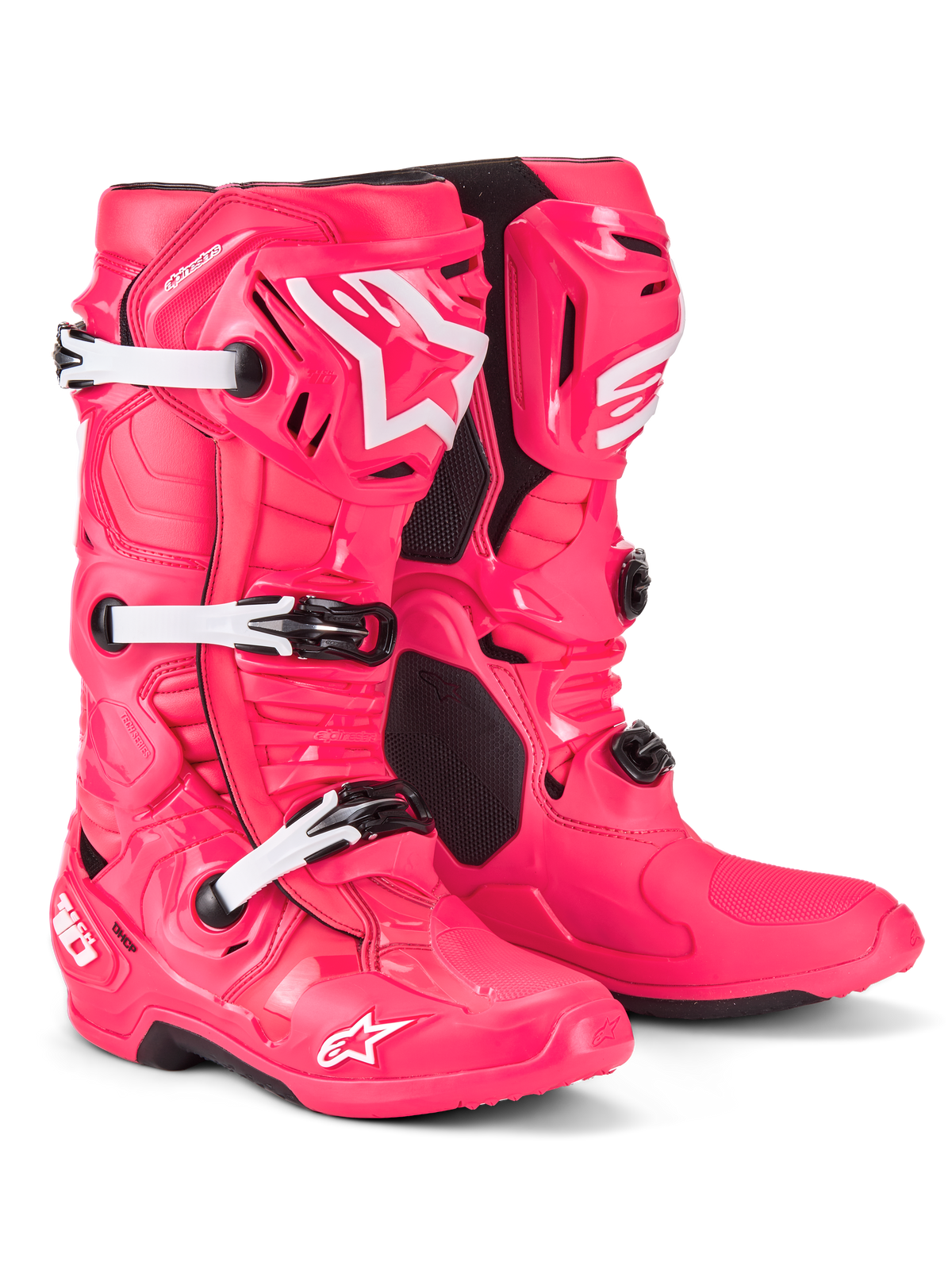Buty Alpinestars Tech 10, buty motocrossowe, kolor Diva Pink i biały, lekka konstrukcja kompozytowa z systemem trzech klamer, ochronna skorupa TPU, kultowe logo z gwiazdą na goleni i nosku, profesjonalne obuwie wyścigowe off-road