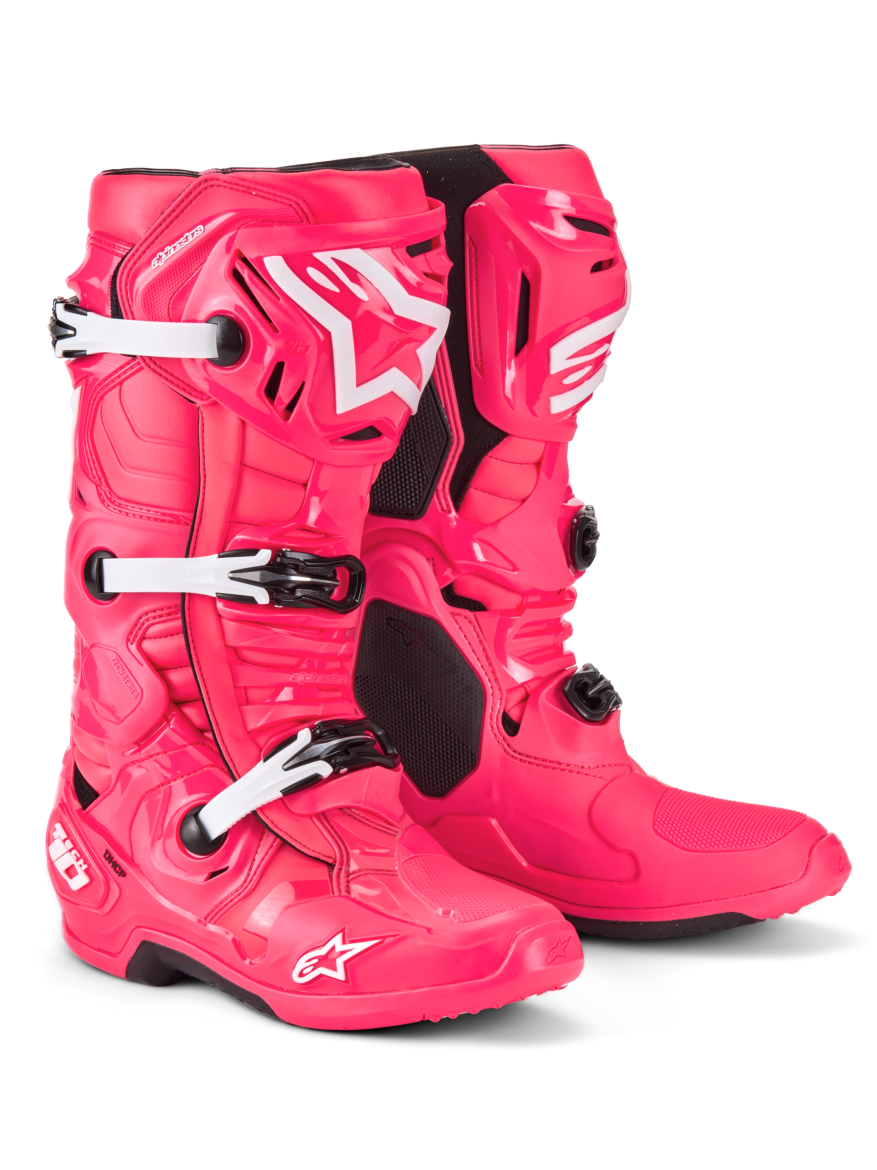 Buty Alpinestars Tech 10, buty motocrossowe, kolor Diva Pink i biały, lekka konstrukcja kompozytowa z systemem trzech klamer, ochronna skorupa TPU, kultowe logo z gwiazdą na goleni i nosku, profesjonalne obuwie wyścigowe off-road