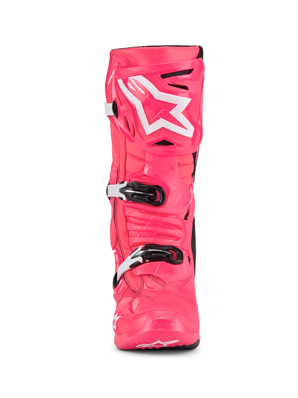 Alpinestars Tech 10 Boots, buty motocrossowe, różowo-białe, widok z przodu, białe logo gwiazdy na ochraniaczu goleni, wytrzymała skorupa TPU z czarno-białymi klamrami, profesjonalne obuwie do jazdy terenowej