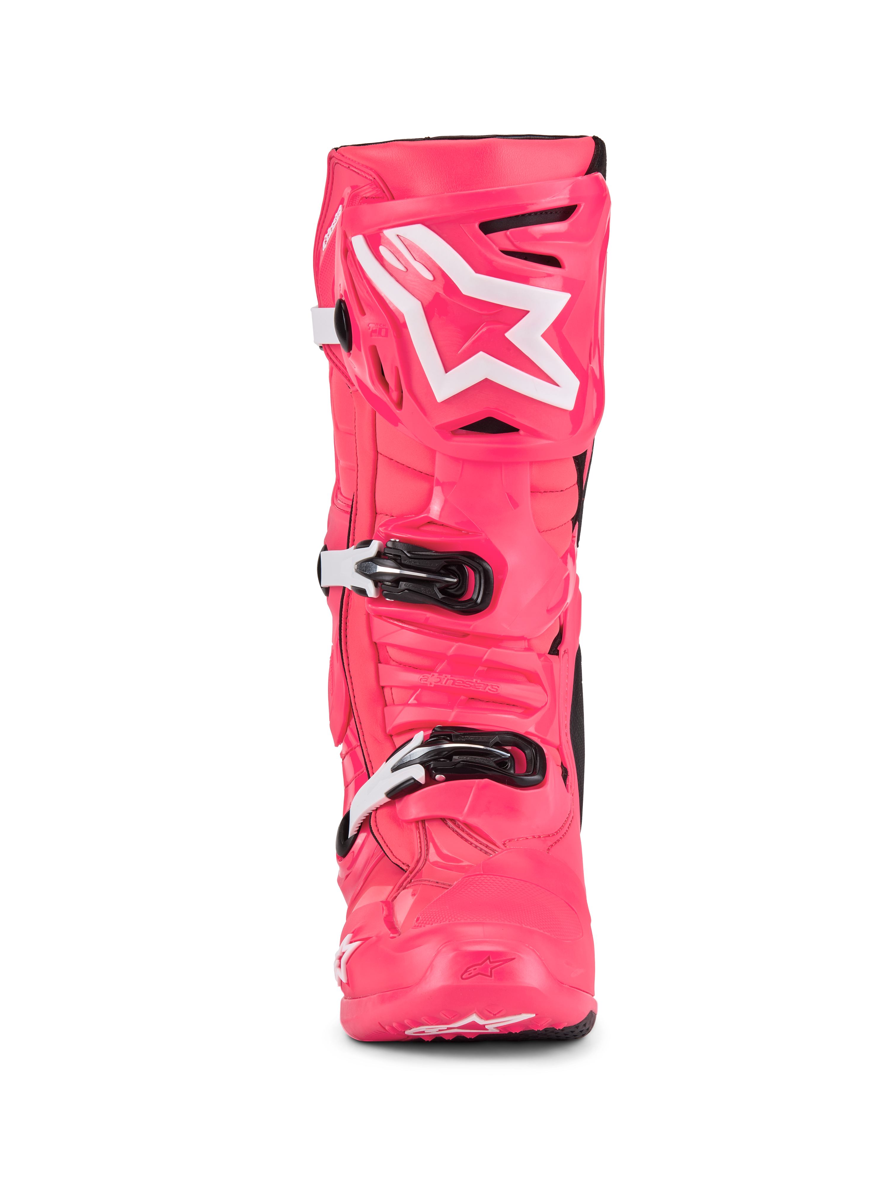 Alpinestars Tech 10 Boots, buty motocrossowe, różowo-białe, widok z przodu, białe logo gwiazdy na ochraniaczu goleni, wytrzymała skorupa TPU z czarno-białymi klamrami, profesjonalne obuwie do jazdy terenowej