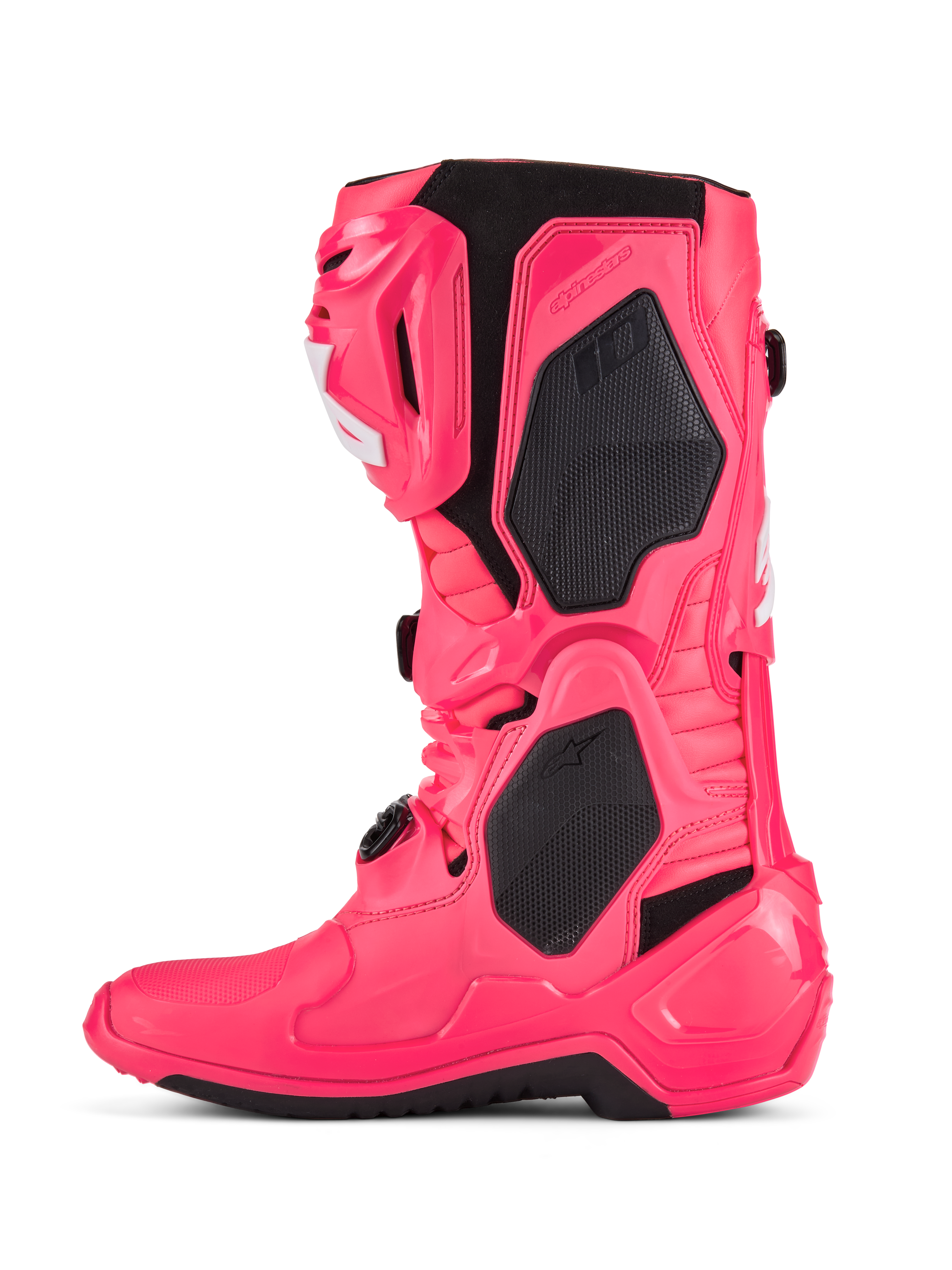 Buty Alpinestars Tech 10, buty motocrossowe, różowe (Diva Pink) i białe, czarne panele ochronne TPU, przegubowa rama flex, wytrzymała konstrukcja off-road