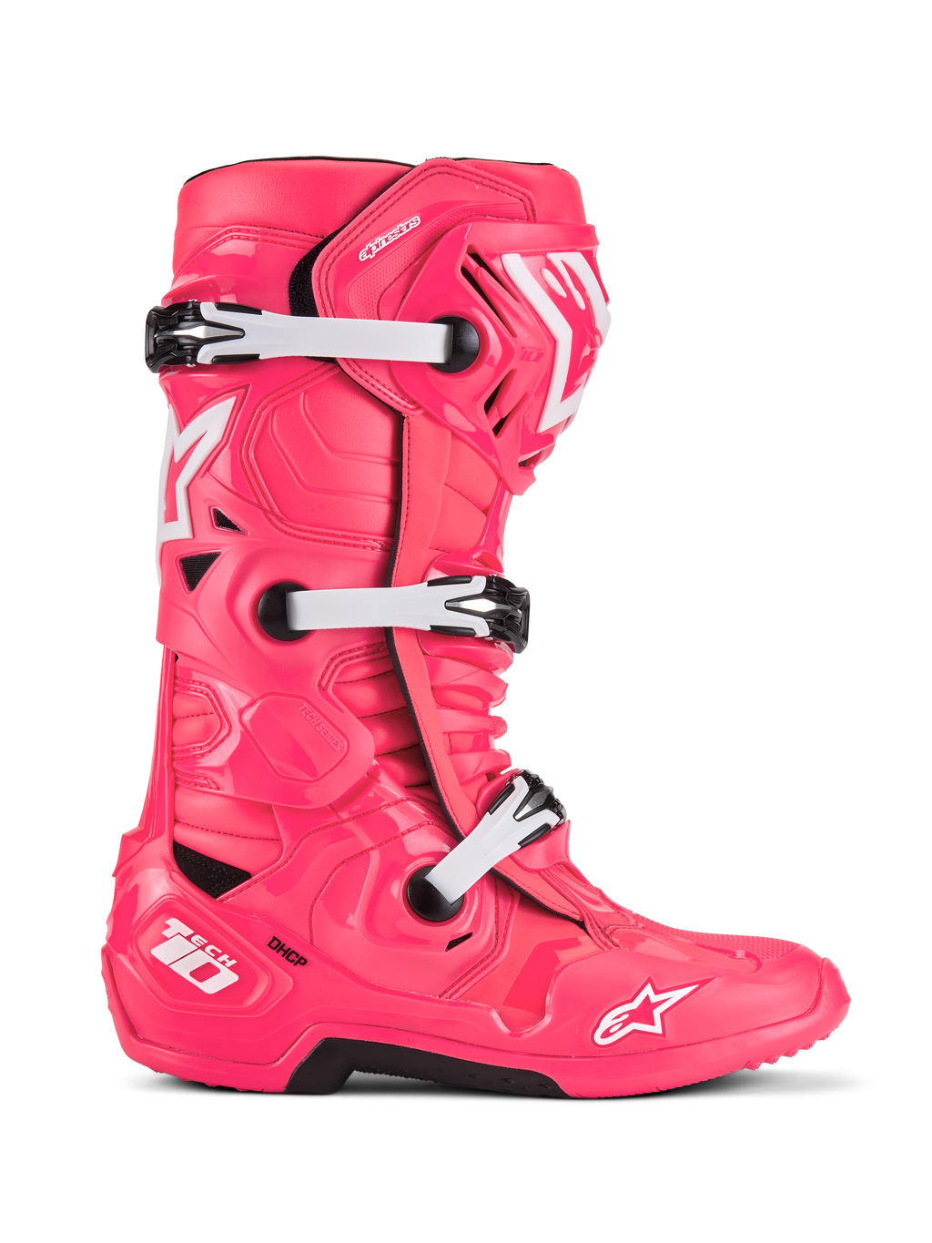 Buty Alpinestars Tech 10, buty motocrossowe, różowo-białe, potrójny system klamer, ochrona z certyfikatem CE, teksturowany geometryczny design z białym logo gwiazdy i czarna wytrzymała podeszwa