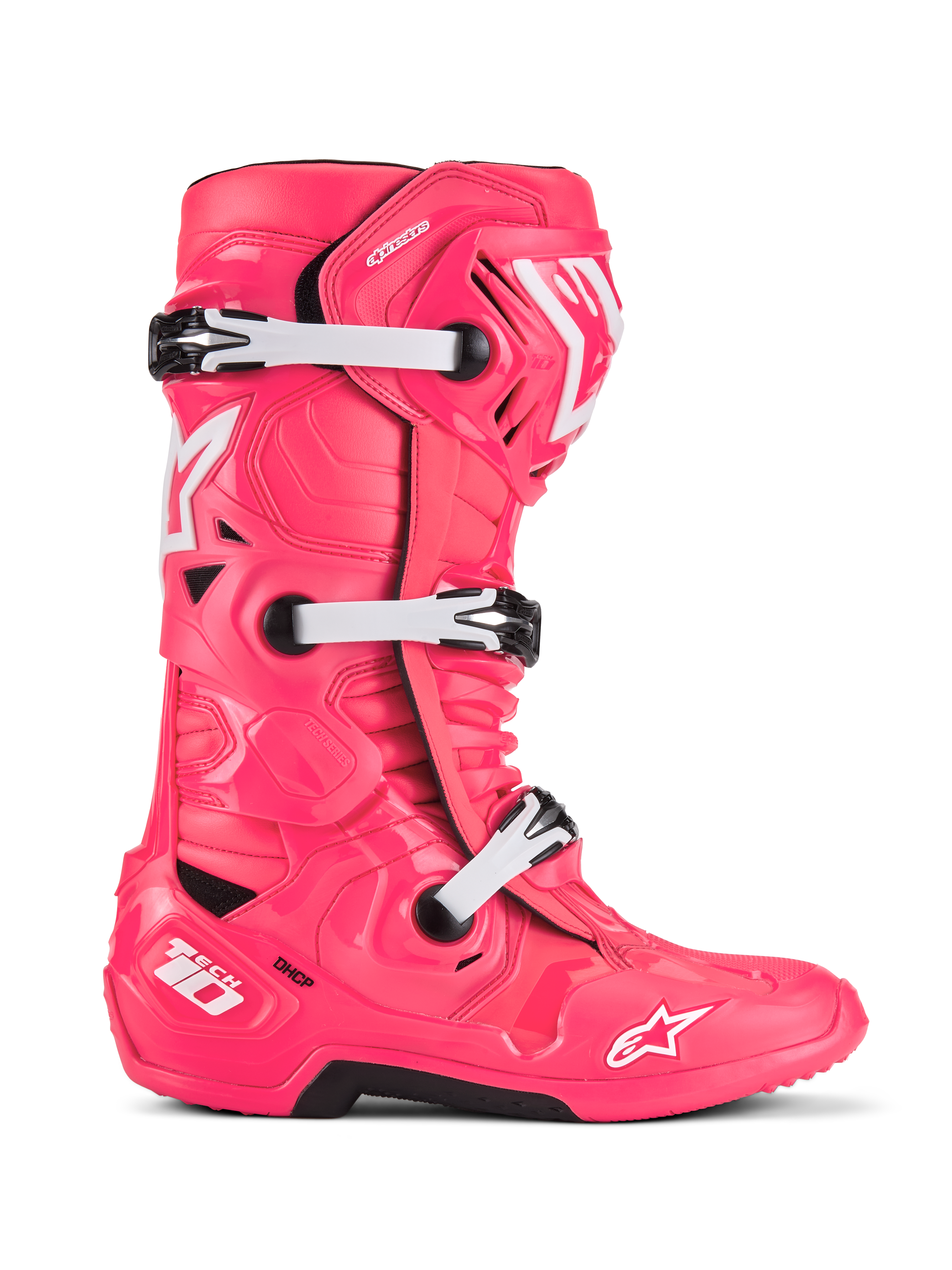Buty Alpinestars Tech 10, buty motocrossowe, różowo-białe, potrójny system klamer, ochrona z certyfikatem CE, teksturowany geometryczny design z białym logo gwiazdy i czarna wytrzymała podeszwa