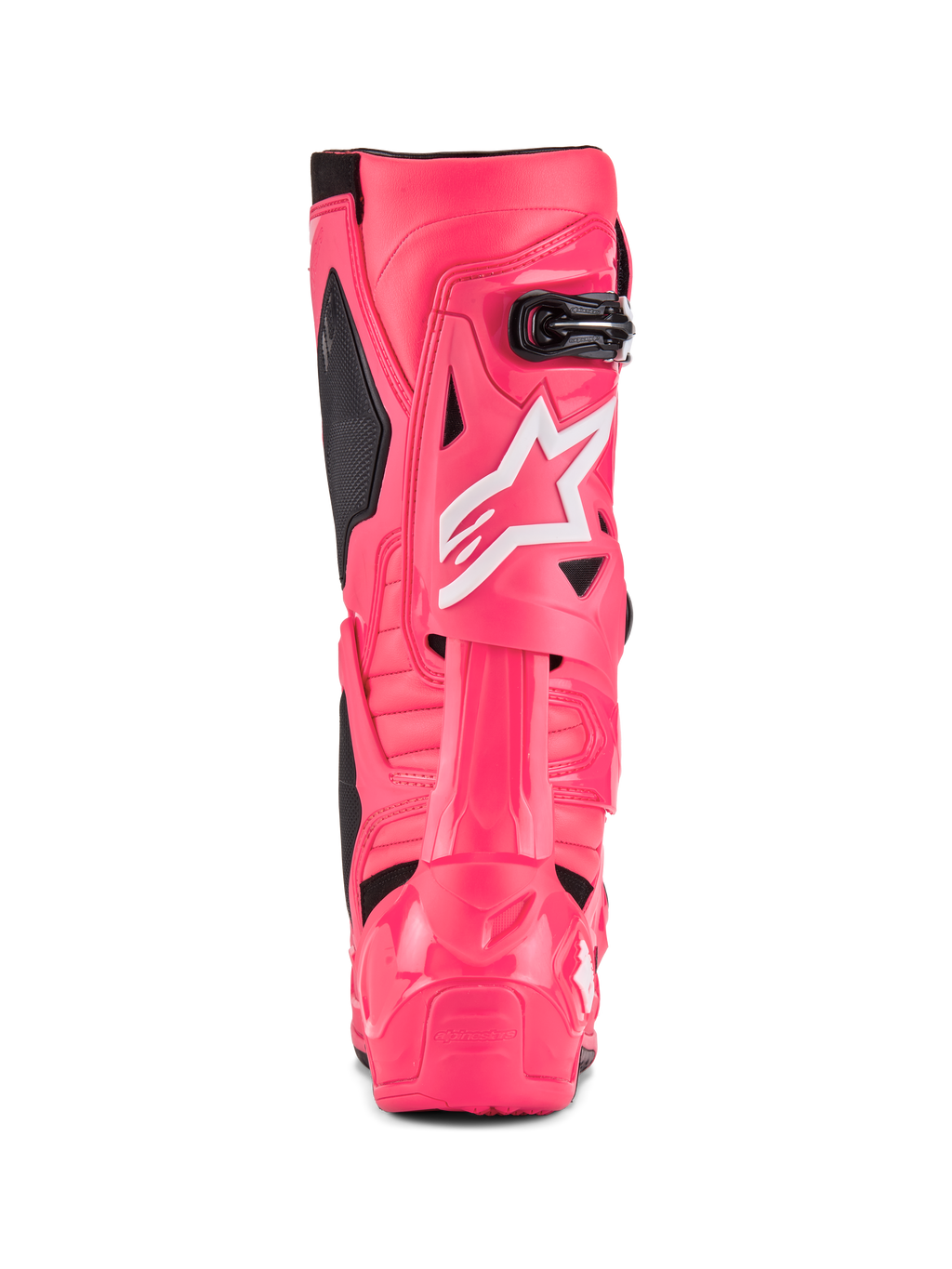 Buty Alpinestars Tech 10, buty motocrossowe, różowe Diva Pink i białe, widok z tyłu z białym logo gwiazdy Alpinestars, czarne akcenty, strukturalna ochrona pięty i łydki, profesjonalne obuwie do jazdy off-road