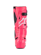 Buty Alpinestars Tech 10, buty motocrossowe, różowe Diva Pink i białe, widok z tyłu z białym logo gwiazdy Alpinestars, czarne akcenty, strukturalna ochrona pięty i łydki, profesjonalne obuwie do jazdy off-road