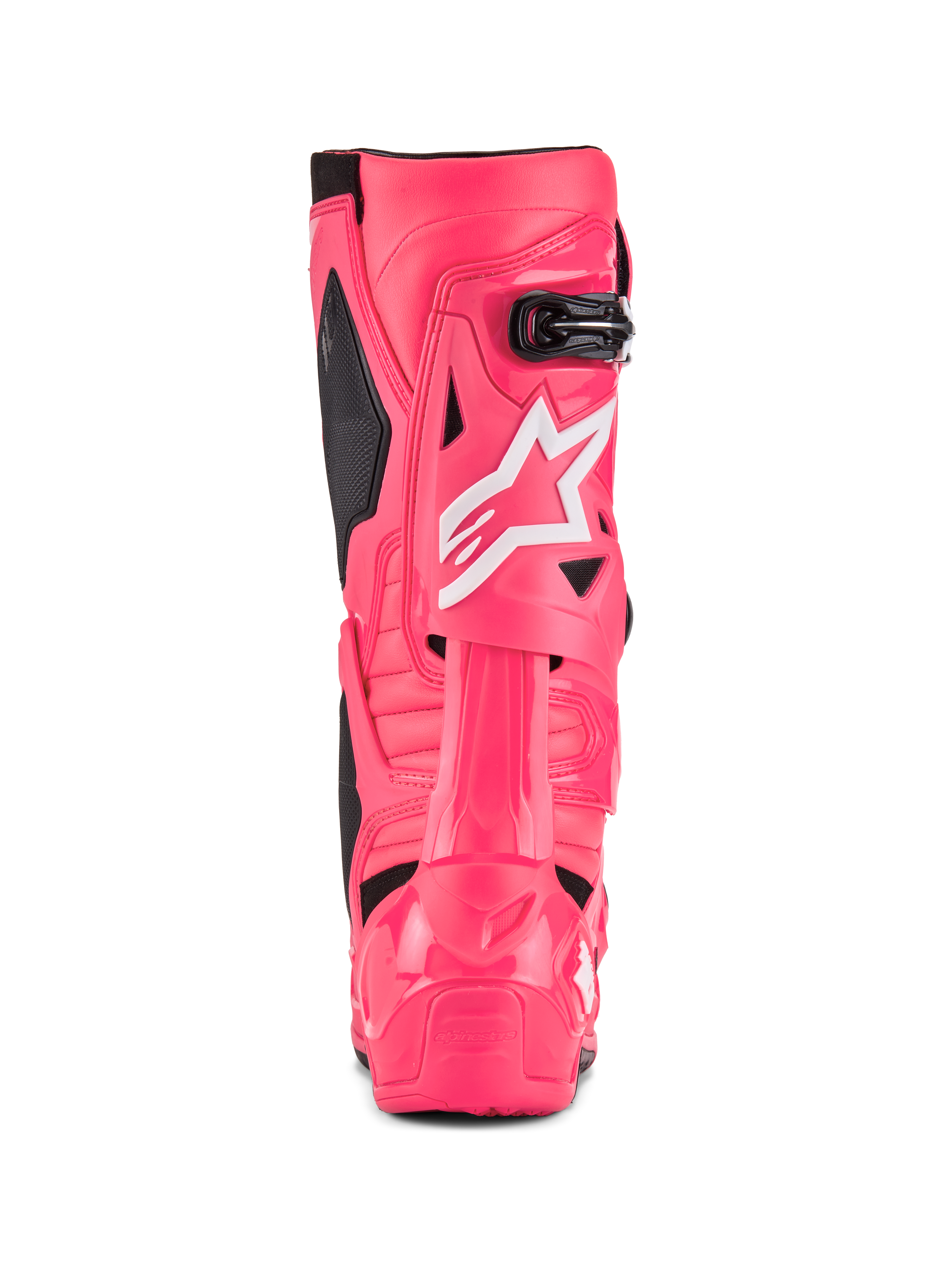 Buty Alpinestars Tech 10, buty motocrossowe, różowe Diva Pink i białe, widok z tyłu z białym logo gwiazdy Alpinestars, czarne akcenty, strukturalna ochrona pięty i łydki, profesjonalne obuwie do jazdy off-road