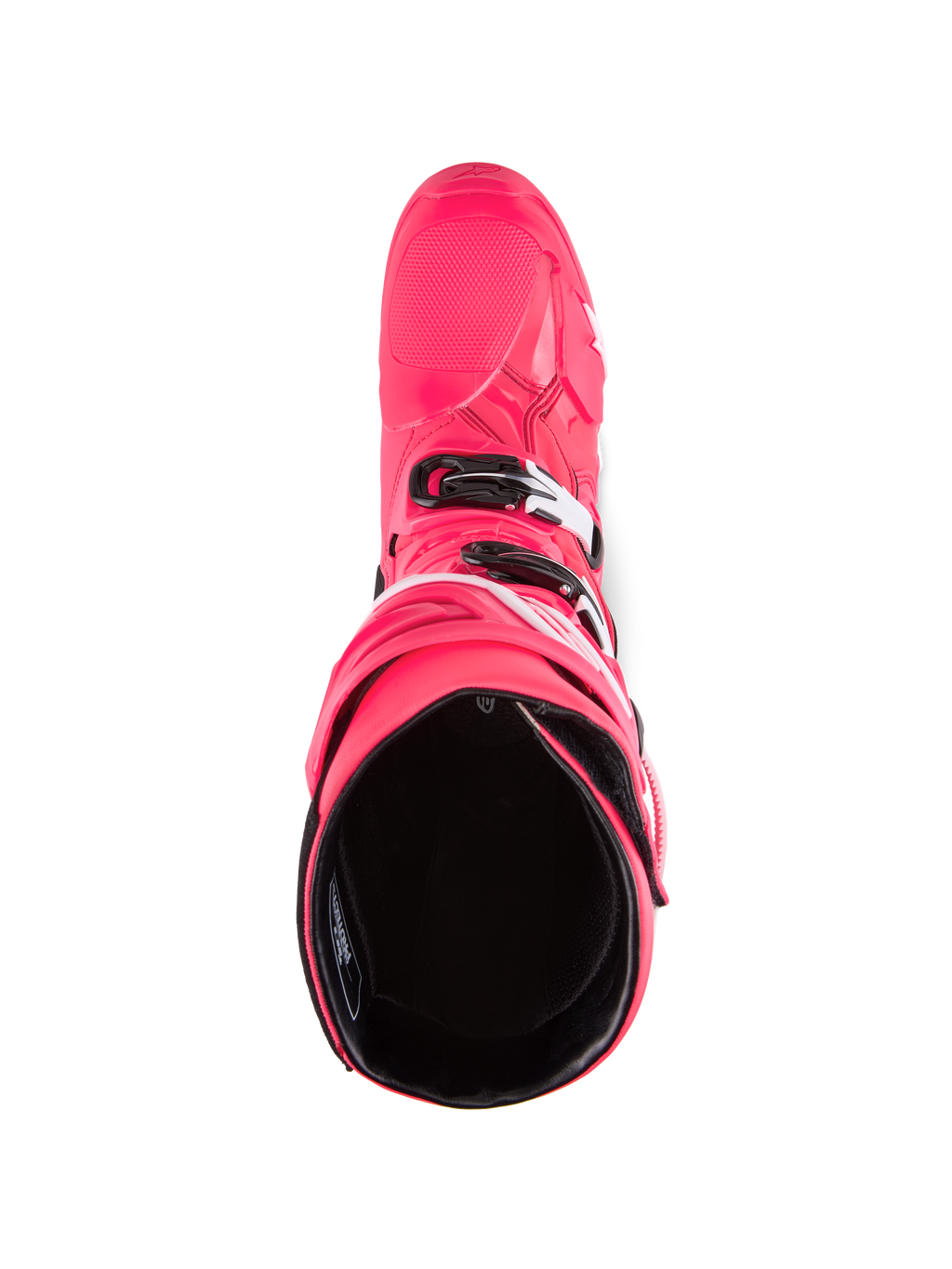 Alpinestars Tech 10 Boots, buty motocrossowe, kolor Diva Pink i biały, widok z góry na czarną wyściółkę wewnętrzną, różowa skorupa z biało-czarnymi akcentami klamer, profesjonalne obuwie off-road