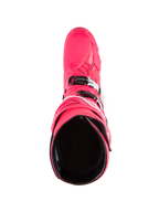 Alpinestars Tech 10 Boots, buty motocrossowe, kolor Diva Pink i biały, widok z góry na czarną wyściółkę wewnętrzną, różowa skorupa z biało-czarnymi akcentami klamer, profesjonalne obuwie off-road