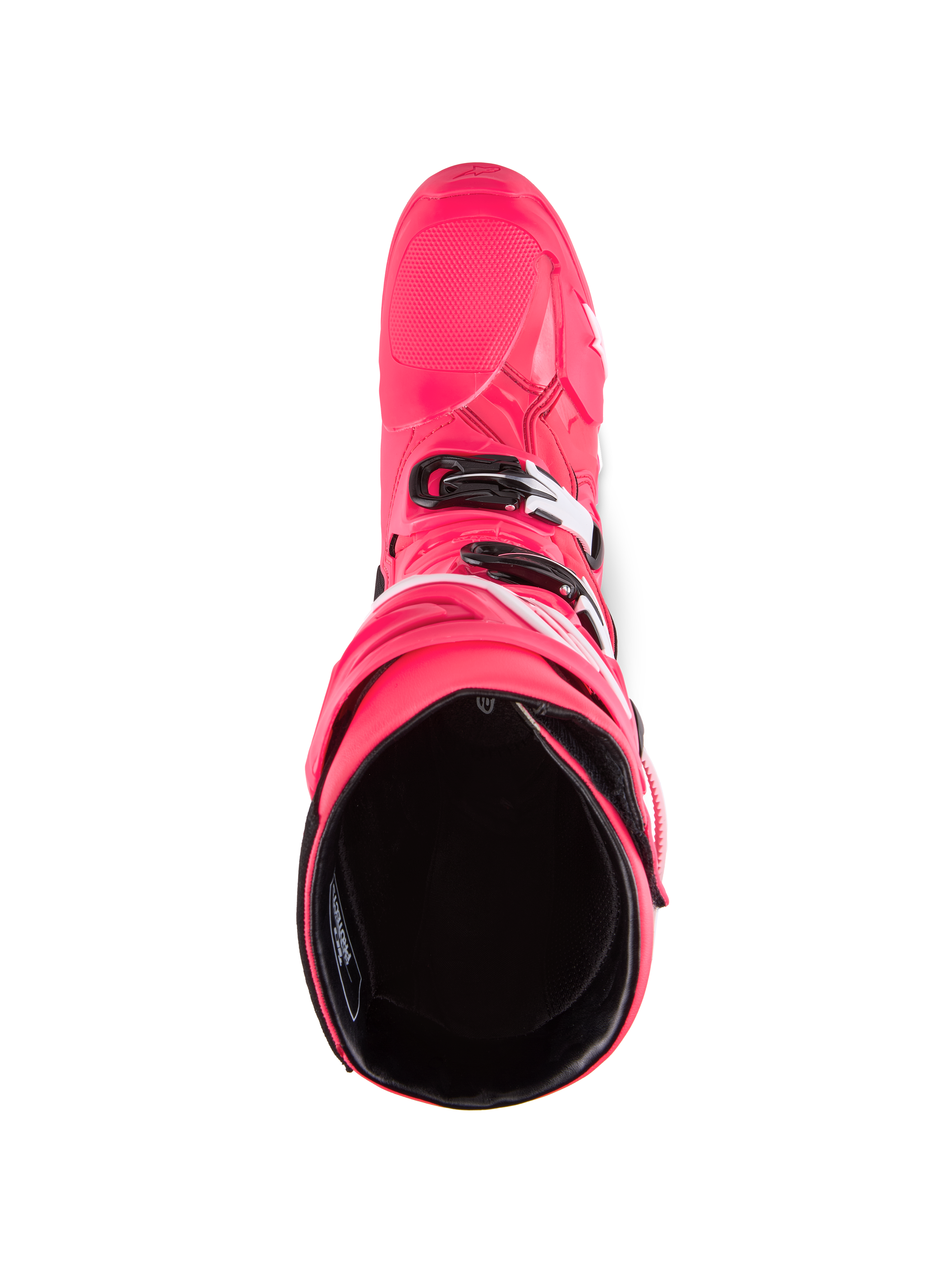 Alpinestars Tech 10 Boots, buty motocrossowe, kolor Diva Pink i biały, widok z góry na czarną wyściółkę wewnętrzną, różowa skorupa z biało-czarnymi akcentami klamer, profesjonalne obuwie off-road