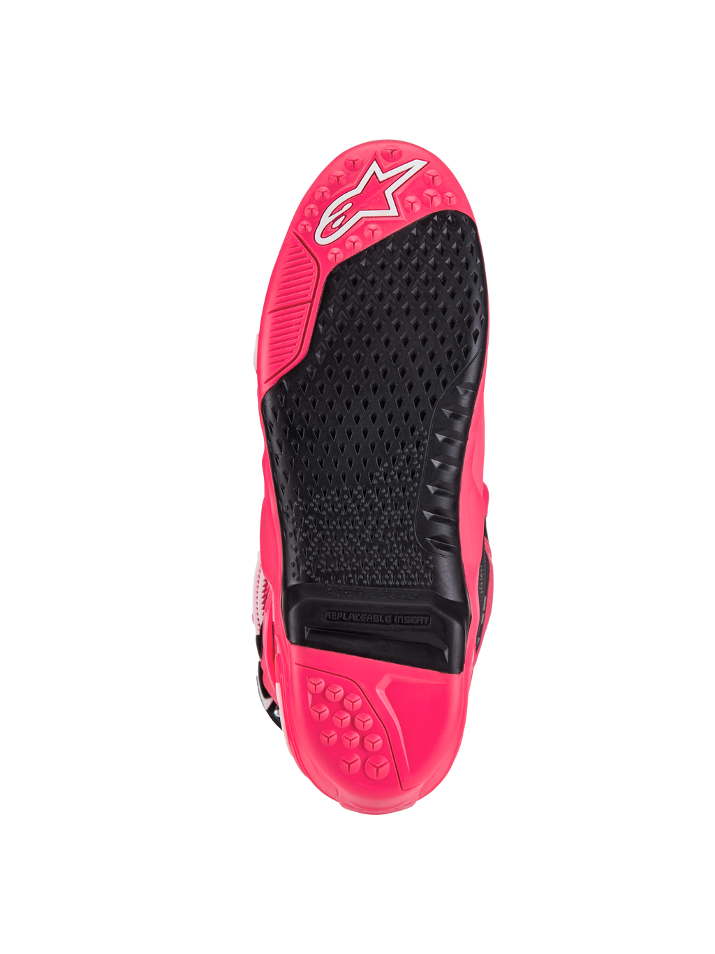 Buty Alpinestars Tech 10, buty motocrossowe, Diva Pink i czarny, widok podeszwy z teksturowanym bieżnikiem, wymienną wkładką na podnóżek i logo Astars, zaprojektowane z myślą o doskonałej przyczepności i trwałości