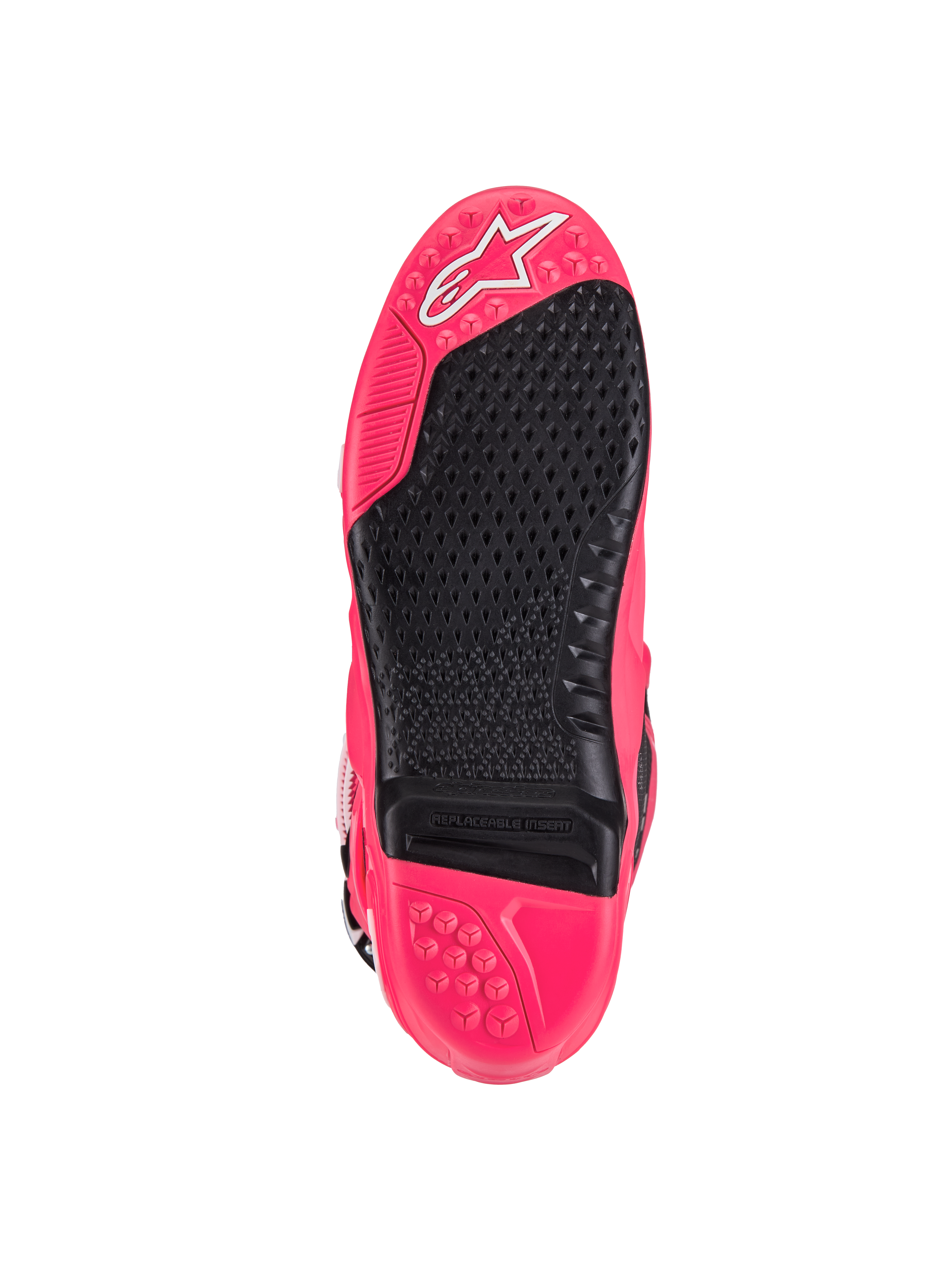 Buty Alpinestars Tech 10, buty motocrossowe, Diva Pink i czarny, widok podeszwy z teksturowanym bieżnikiem, wymienną wkładką na podnóżek i logo Astars, zaprojektowane z myślą o doskonałej przyczepności i trwałości