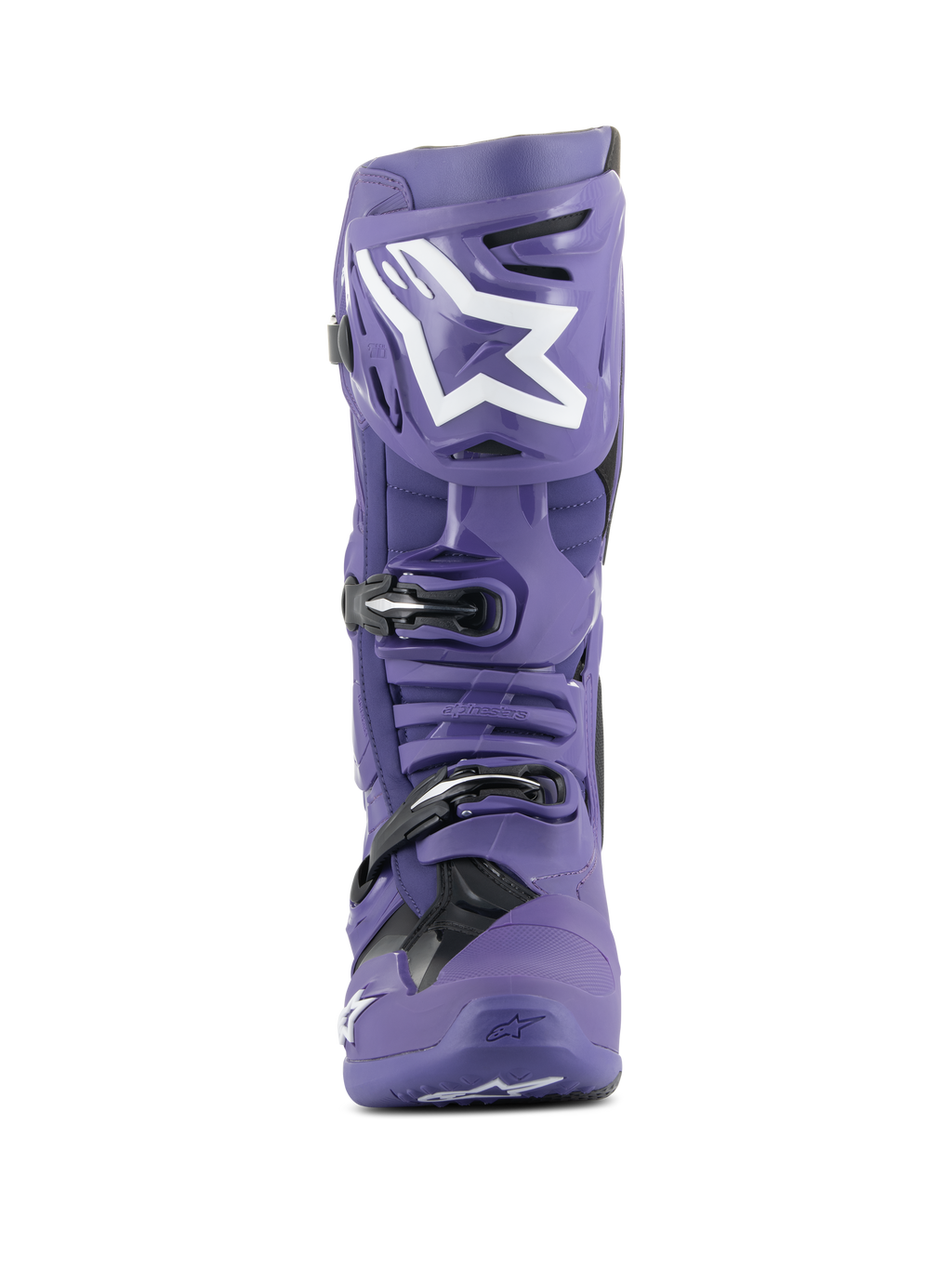 Alpinestars Tech 10 Boots, buty motocrossowe, fioletowo-czarne (Ultraviolet), widok z przodu, białe logo Alpinestars na goleni, potrójny system klamer, wytrzymała skorupa TPU do wyścigów terenowych