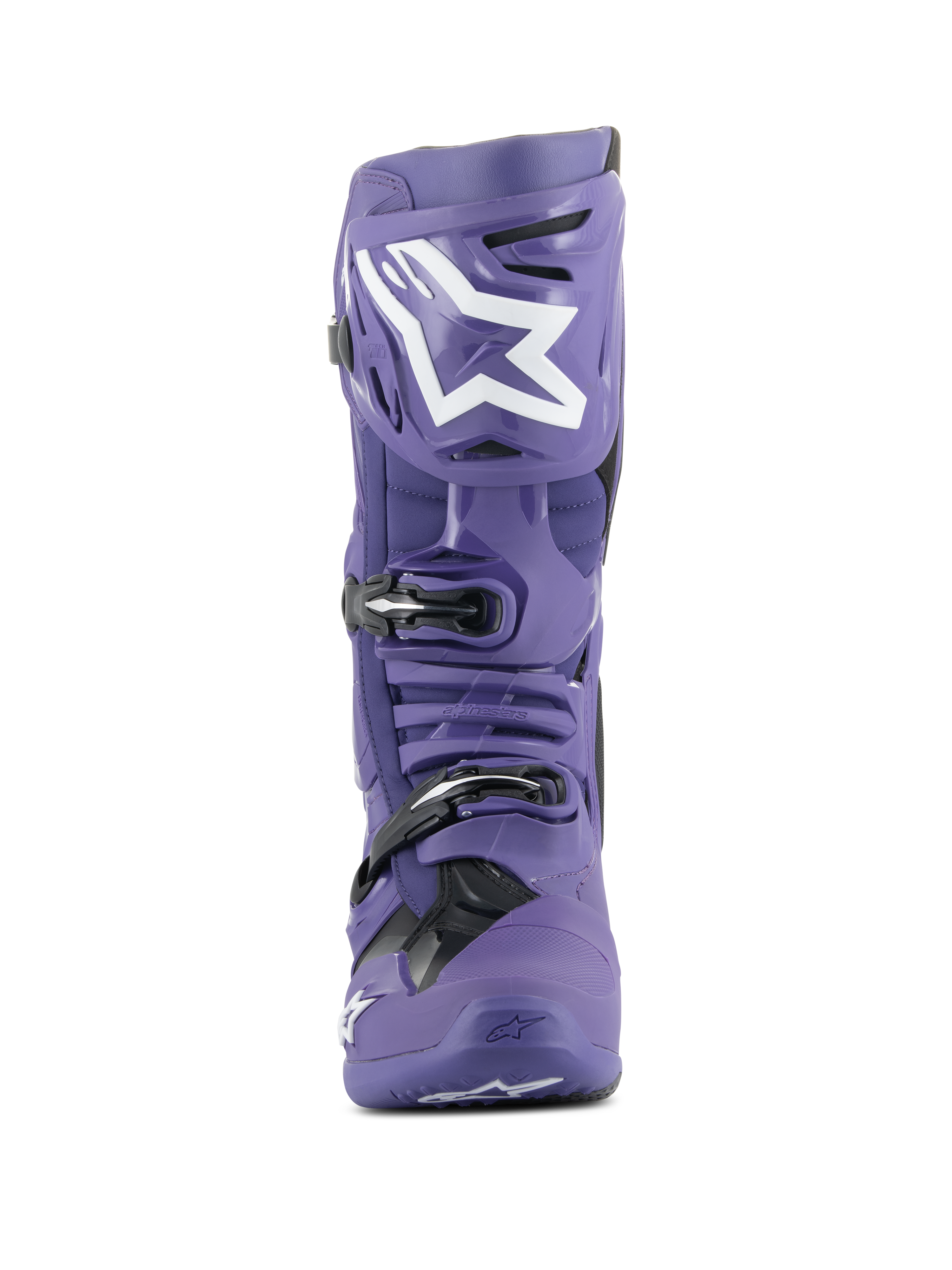 Alpinestars Tech 10 Boots, buty motocrossowe, fioletowo-czarne (Ultraviolet), widok z przodu, białe logo Alpinestars na goleni, potrójny system klamer, wytrzymała skorupa TPU do wyścigów terenowych