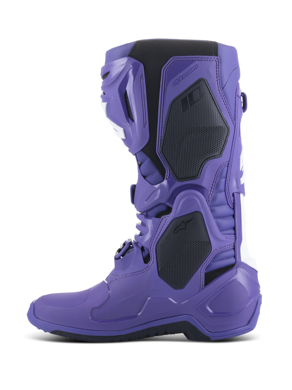 Buty Alpinestars Tech 10, buty motocrossowe, Ultraviolet Black, widok z boku, intensywnie fioletowa skorupa TPU z czarnymi i białymi akcentami, zaawansowany system klamer, wzmocnione panele ochronne