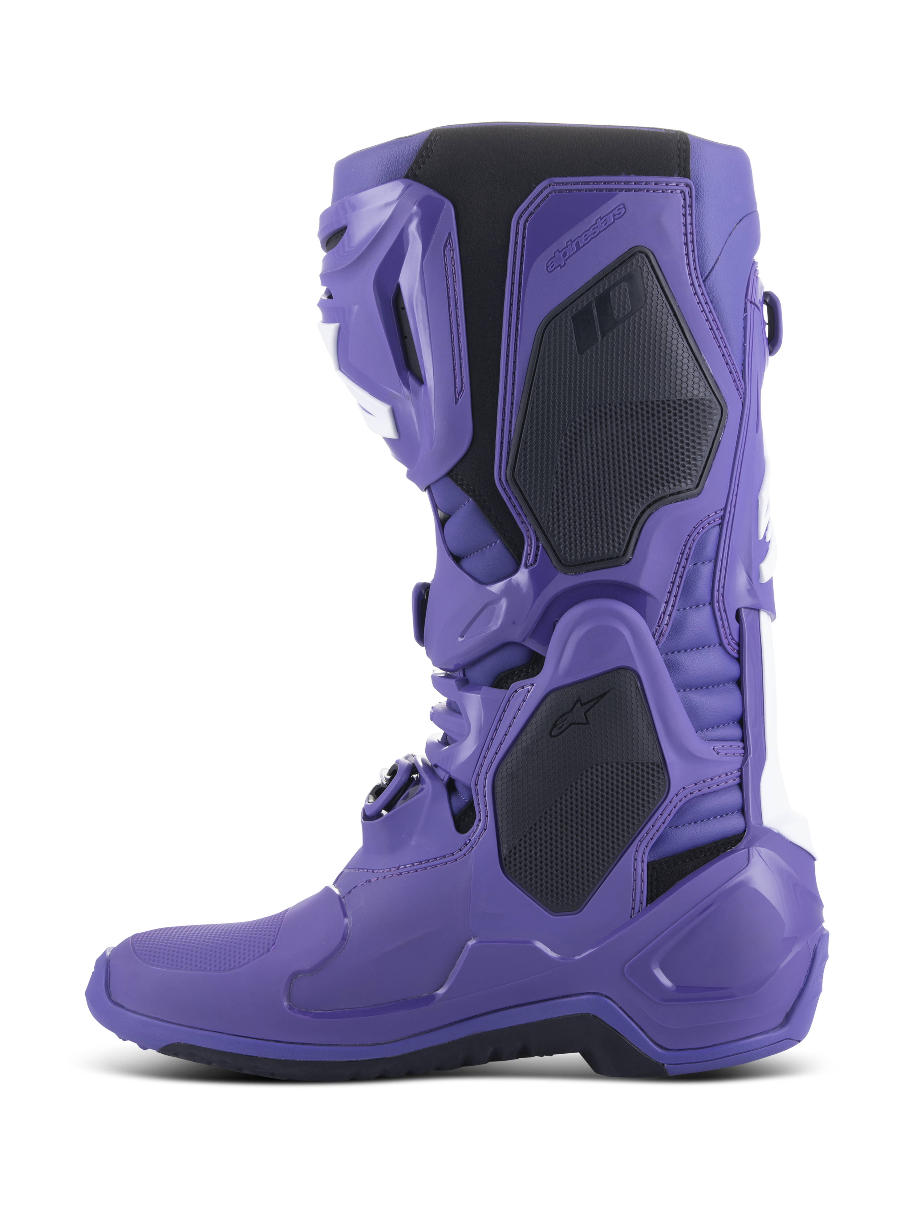 Buty Alpinestars Tech 10, buty motocrossowe, Ultraviolet Black, widok z boku, intensywnie fioletowa skorupa TPU z czarnymi i białymi akcentami, zaawansowany system klamer, wzmocnione panele ochronne