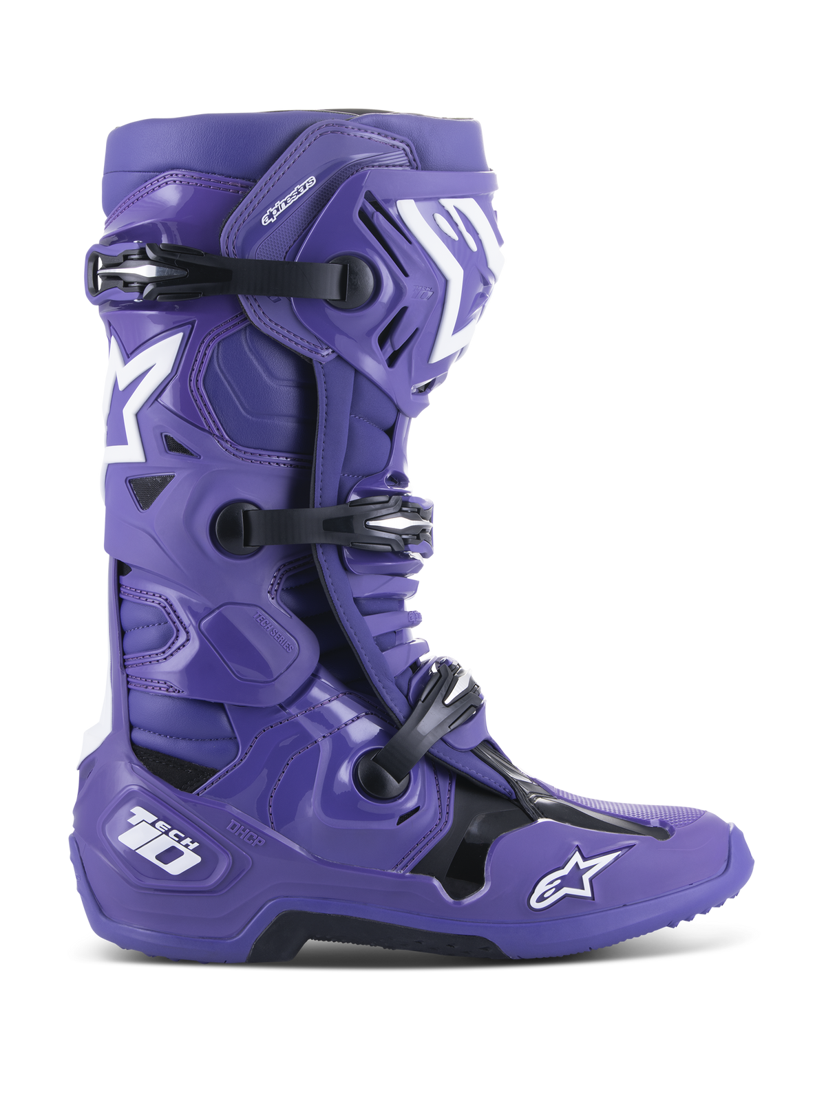 Alpinestars Tech 10 Boots, Motocross Off-Road Boots, Ultraviolet Purple with Black and White accents, featuring triple buckle closure, white star logos, Tech 10 branding on the heel, rugged sole, high-performance protective footwear