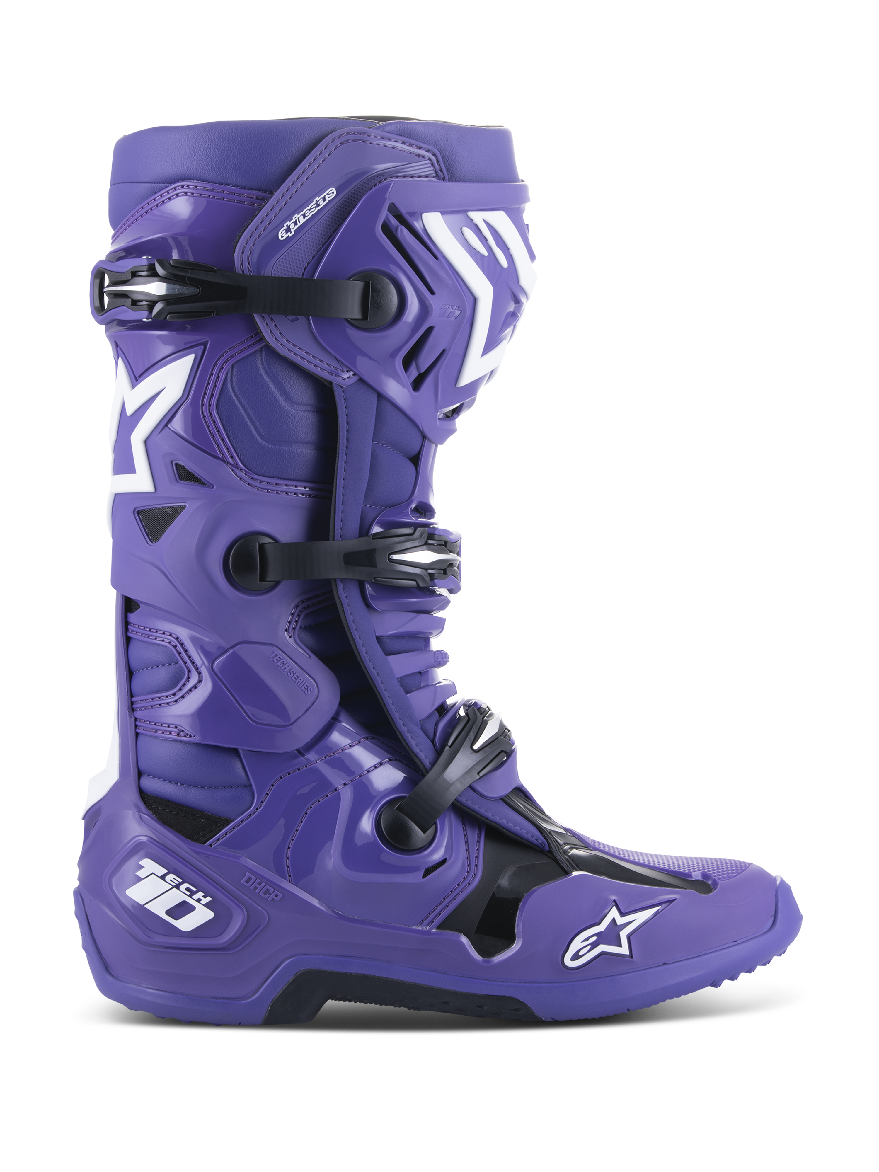 Buty Alpinestars Tech 10, buty motocrossowe off-road, fioletowe Ultraviolet Purple z czarnymi i białymi akcentami, potrójne zapięcie na klamry, białe logo gwiazdy, oznaczenie Tech 10 na pięcie, wytrzymała podeszwa, wysokowydajne obuwie ochronne