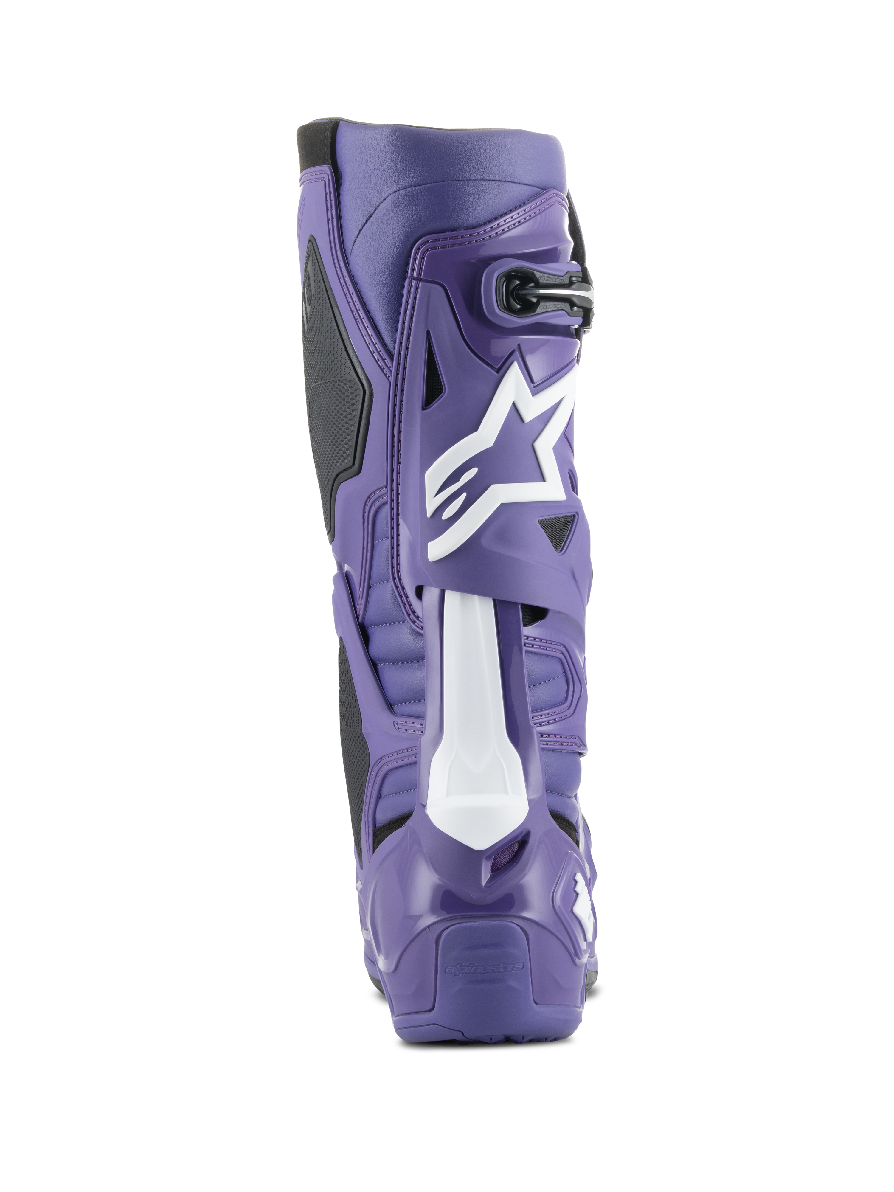 Buty motocrossowe Alpinestars Tech 10, Ultraviolet i czarny, widok z tyłu prezentujący skorupę TPU o wysokiej gęstości, białe logo Astars na łydce, wzmocniona pięta do wyścigów terenowych