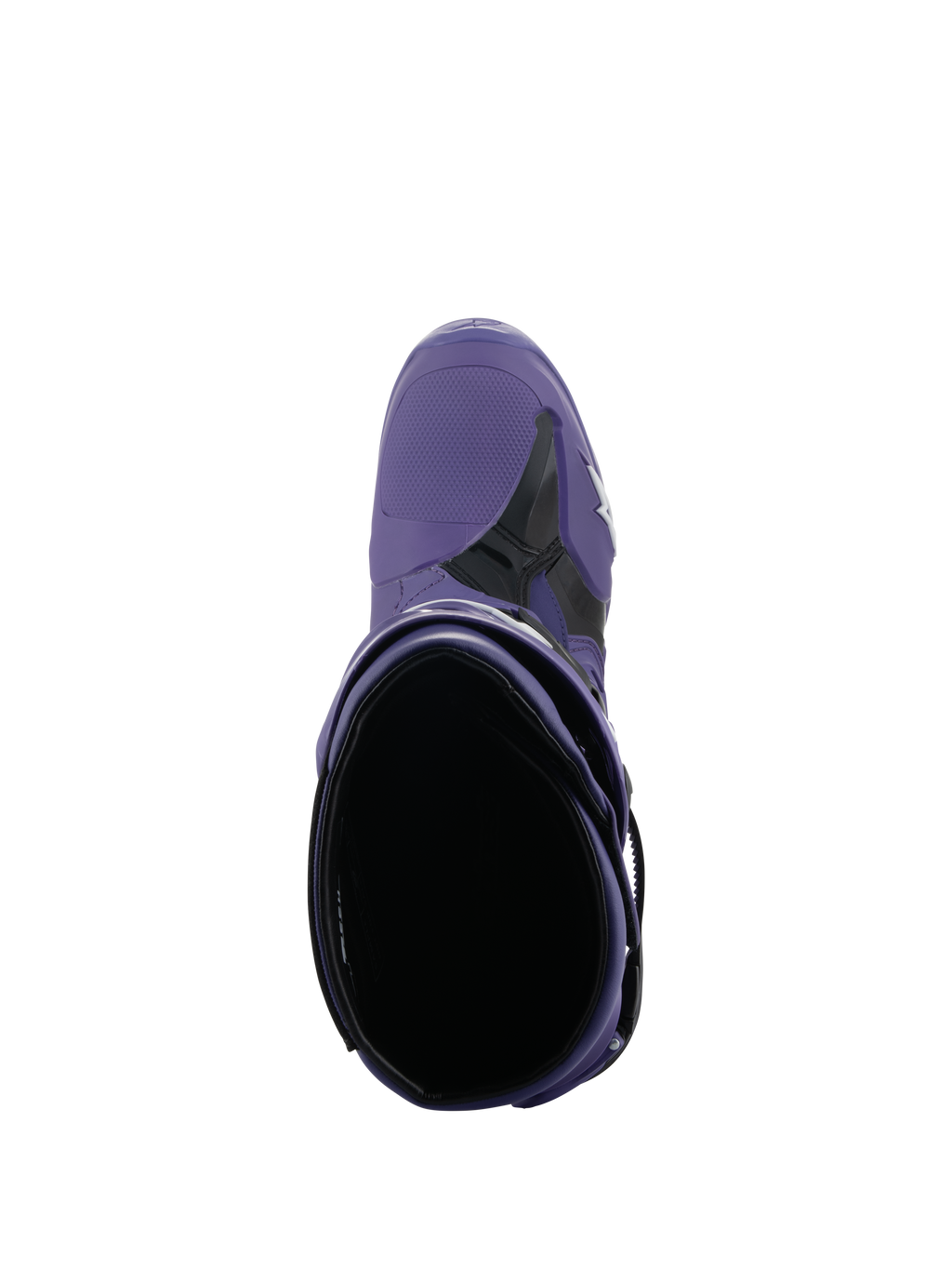 Buty Alpinestars Tech 10, buty motocrossowe, Ultraviolet Black, widok z góry na wnętrze buta, konstrukcja z fioletowej mikrofibry i czarnego TPU z białym logo, profesjonalne obuwie do wyścigów terenowych