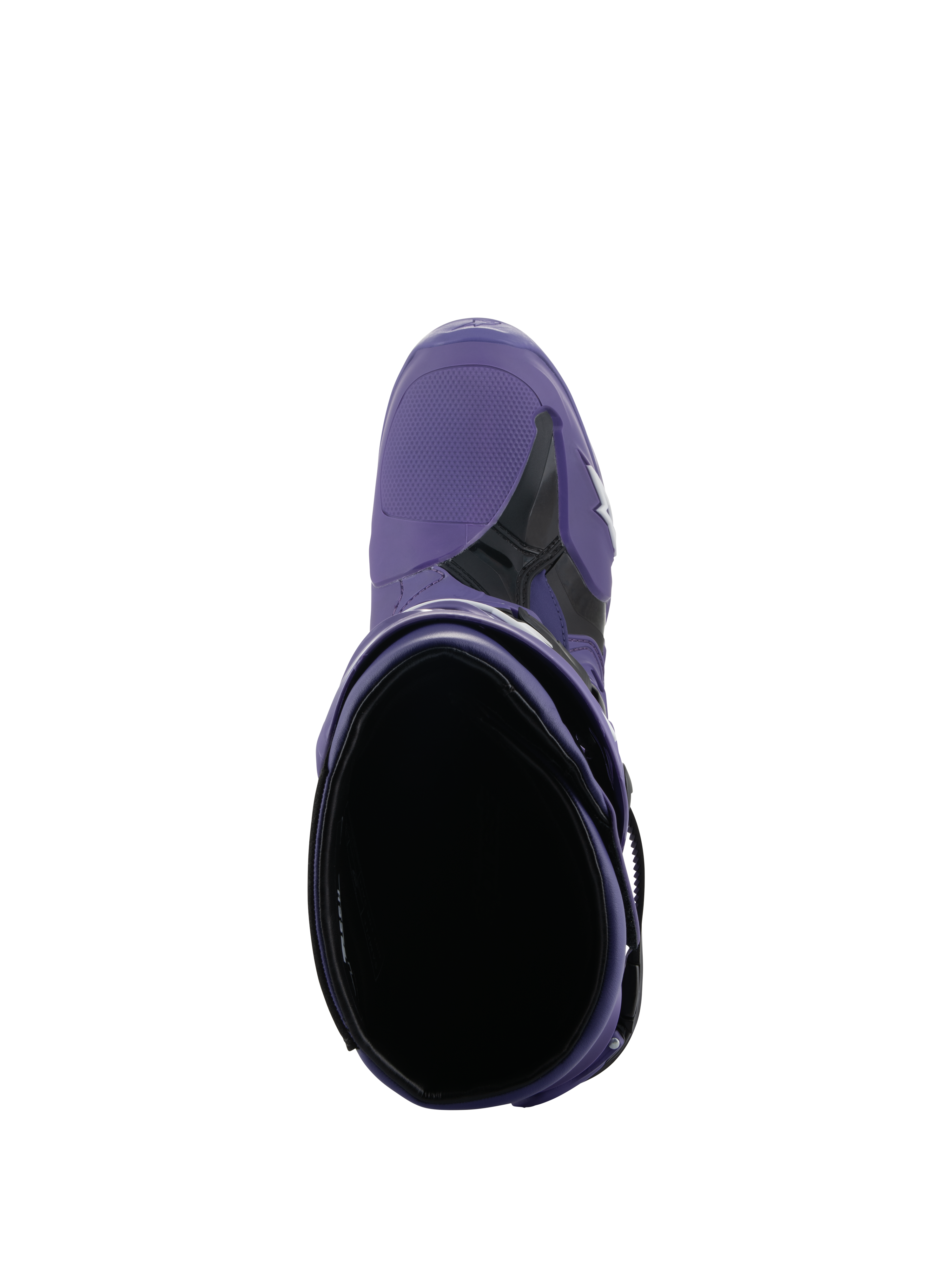 Buty Alpinestars Tech 10, buty motocrossowe, Ultraviolet Black, widok z góry na wnętrze buta, konstrukcja z fioletowej mikrofibry i czarnego TPU z białym logo, profesjonalne obuwie do wyścigów terenowych