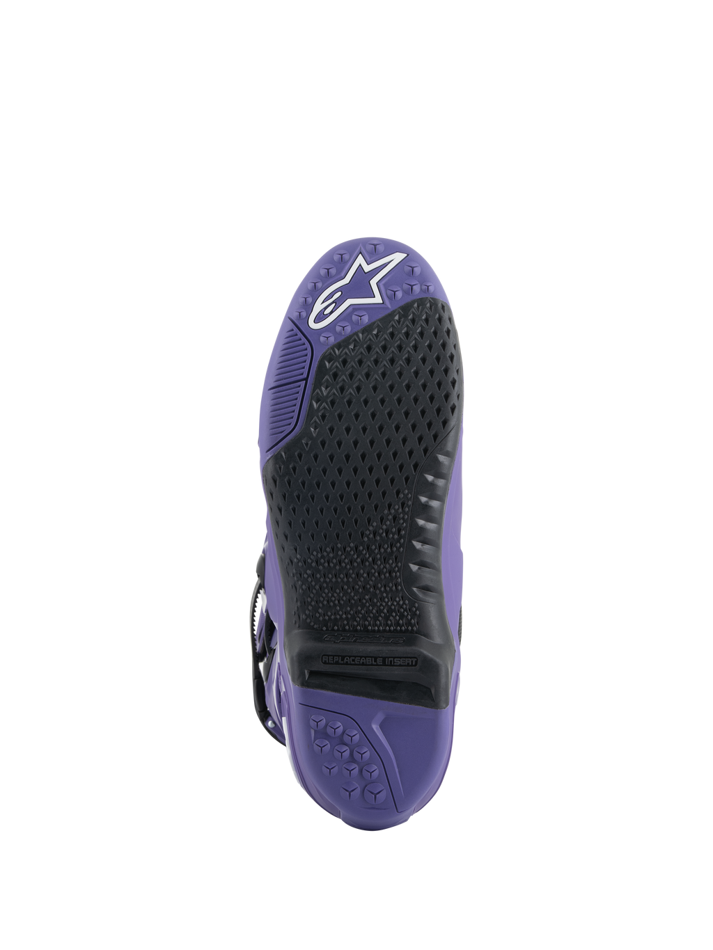 Buty Alpinestars Tech 10, buty motocrossowe, Ultraviolet Black, widok podeszwy z wymienną czarną wkładką, fioletowa podeszwa zewnętrzna z teksturowanymi wzorami i białym logo gwiazdy na czubku
