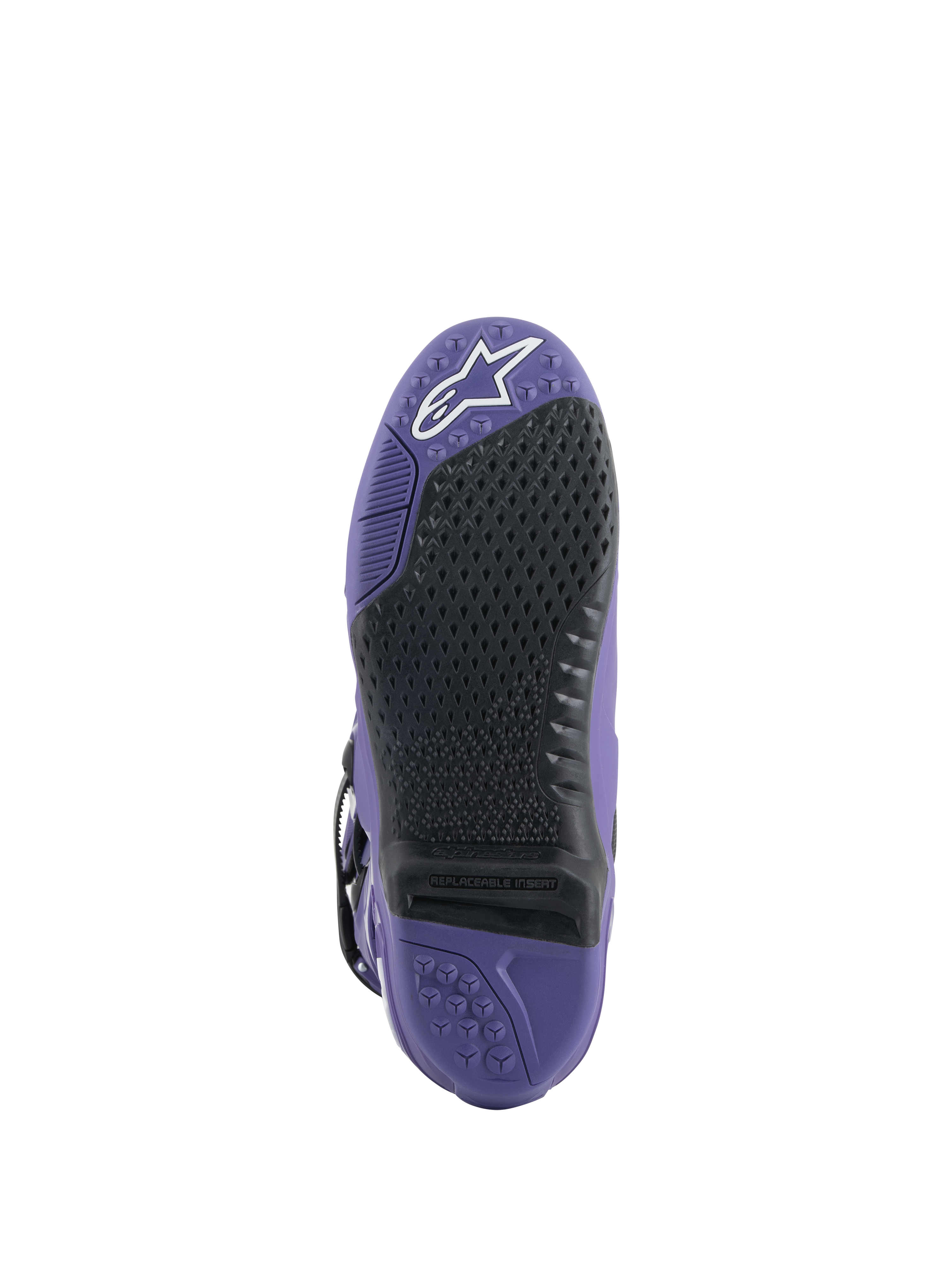 Buty Alpinestars Tech 10, buty motocrossowe, Ultraviolet Black, widok podeszwy z wymienną czarną wkładką, fioletowa podeszwa zewnętrzna z teksturowanymi wzorami i białym logo gwiazdy na czubku