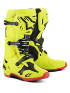 Buty Alpinestars Tech 10, buty motocrossowe, żółty fluo z czarnymi i czerwonymi akcentami fluo, potrójny system klamer, skorupa TPU z logo gwiazdy Alpinestars, czerwone podeszwy, profesjonalny sprzęt wyścigowy off-road