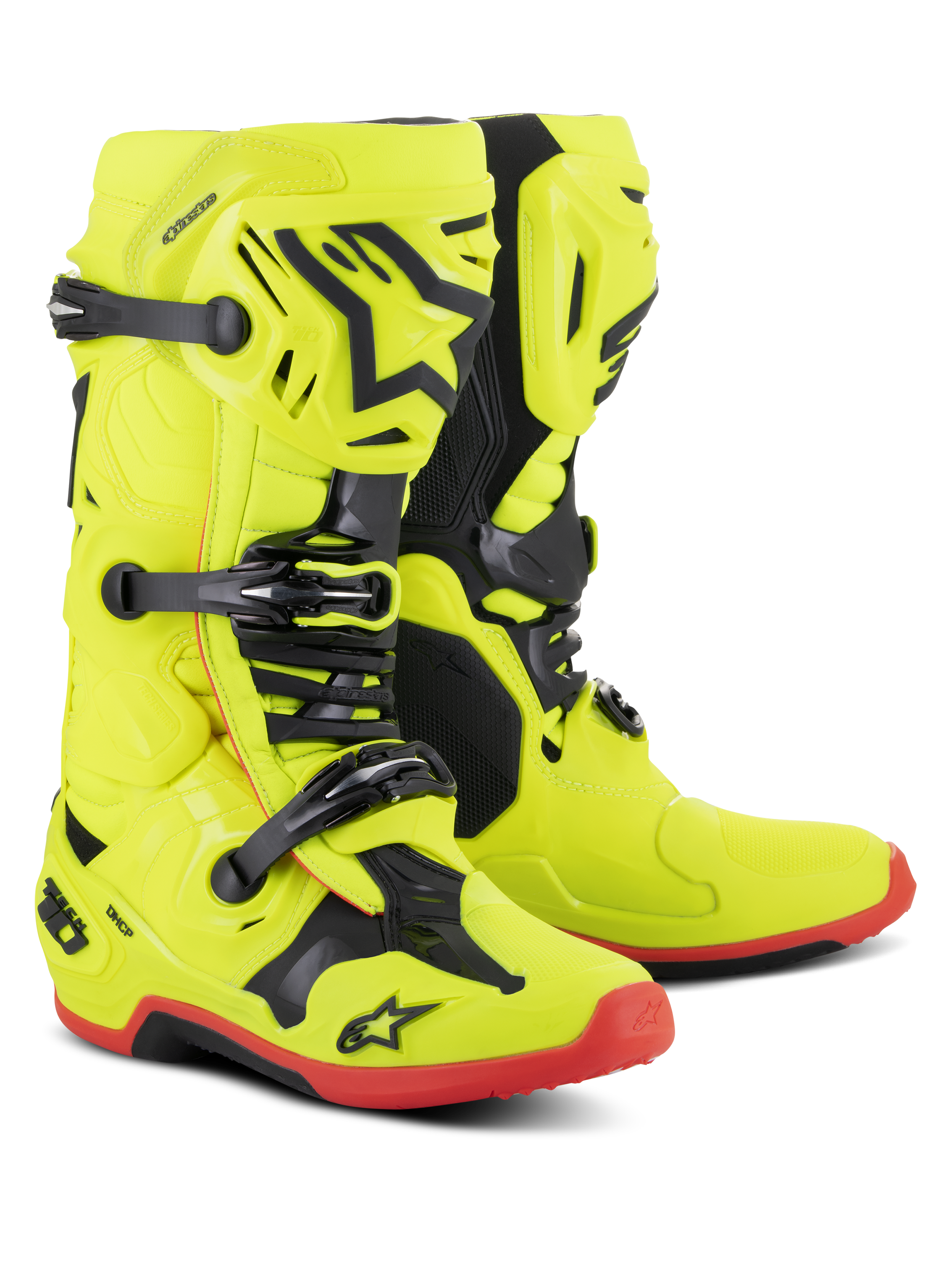 Buty Alpinestars Tech 10, buty motocrossowe, żółty fluo z czarnymi i czerwonymi akcentami fluo, potrójny system klamer, skorupa TPU z logo gwiazdy Alpinestars, czerwone podeszwy, profesjonalny sprzęt wyścigowy off-road