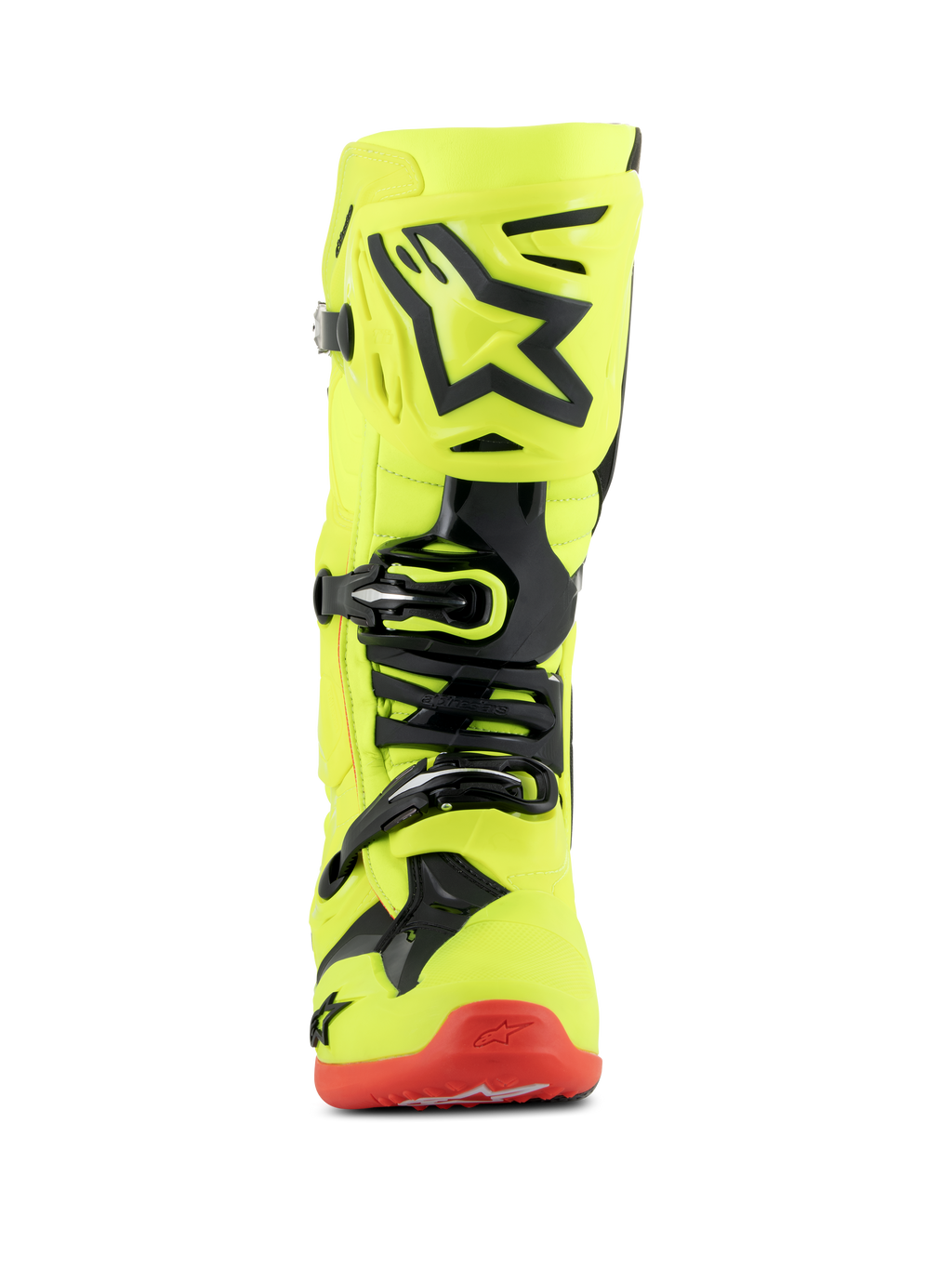 Buty Alpinestars Tech 10, buty motocrossowe, żółty fluo, czarny i czerwony fluo, widok z przodu, jaskrawożółta fluorescencyjna konstrukcja z czarnymi akcentami TPU i systemem klamer, czerwona podeszwa, zaawansowane obuwie do wyścigów terenowych