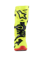 Buty Alpinestars Tech 10, buty motocrossowe, żółty fluo, czarny i czerwony fluo, widok z przodu, jaskrawożółta fluorescencyjna konstrukcja z czarnymi akcentami TPU i systemem klamer, czerwona podeszwa, zaawansowane obuwie do wyścigów terenowych