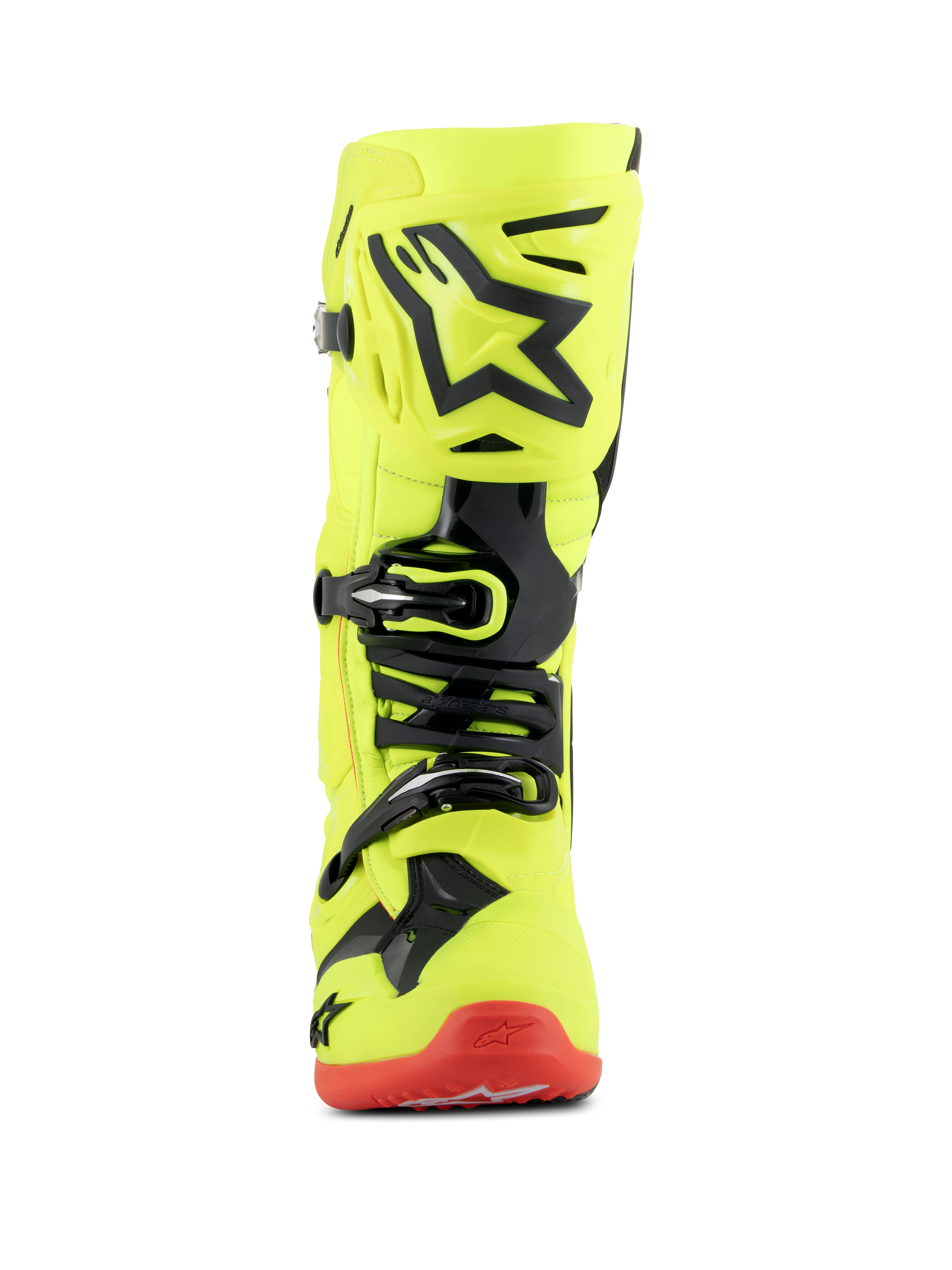Buty Alpinestars Tech 10, buty motocrossowe, żółty fluo, czarny i czerwony fluo, widok z przodu, jaskrawożółta fluorescencyjna konstrukcja z czarnymi akcentami TPU i systemem klamer, czerwona podeszwa, zaawansowane obuwie do wyścigów terenowych