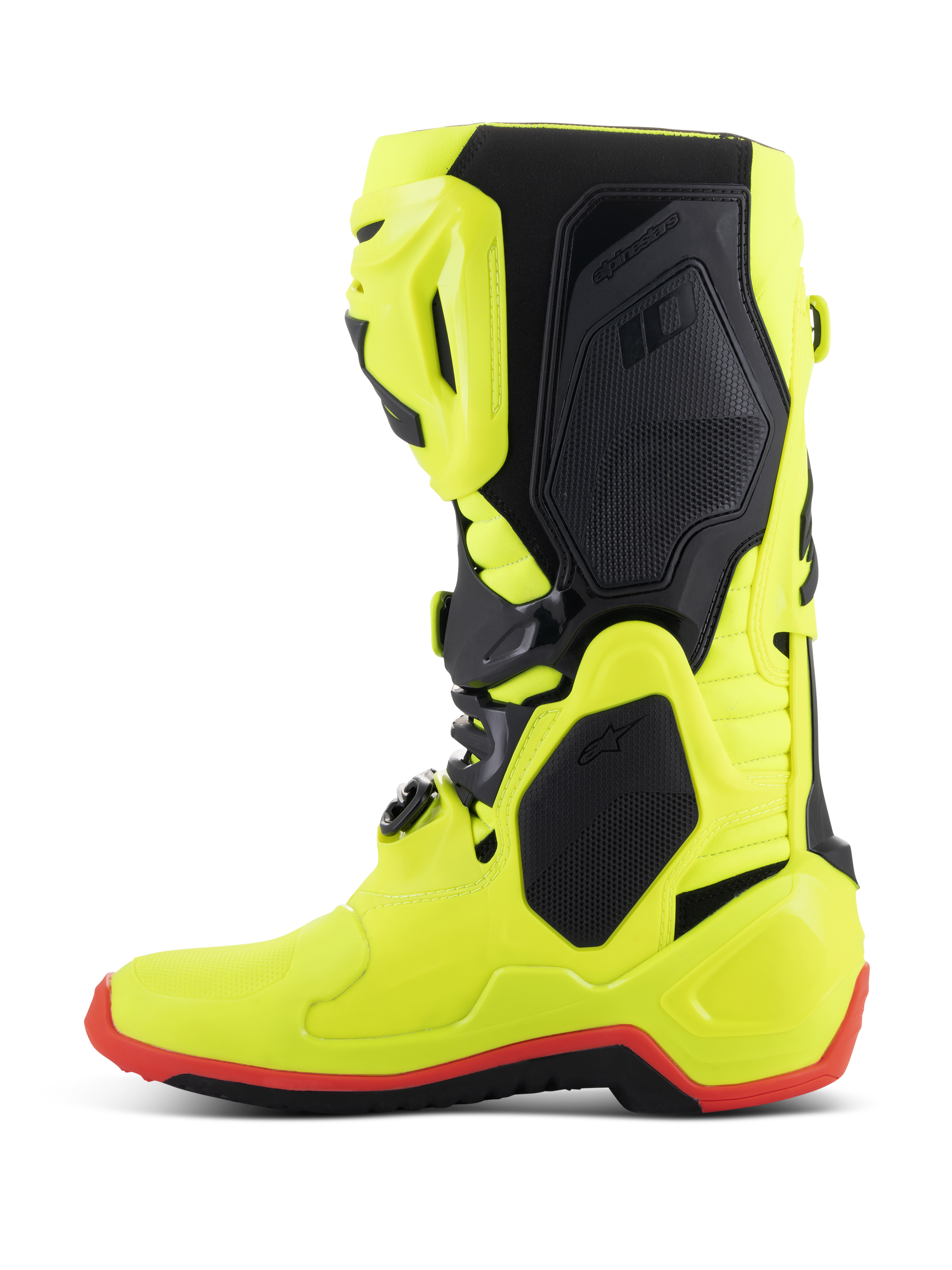 Buty Alpinestars Tech 10, buty motocrossowe, żółte fluo, czarne i czerwone fluo, profil boczny, jaskrawa neonowożółta konstrukcja z czarnymi panelami ochronnymi i czerwonymi detalami podeszwy, profesjonalny sprzęt do wyścigów terenowych